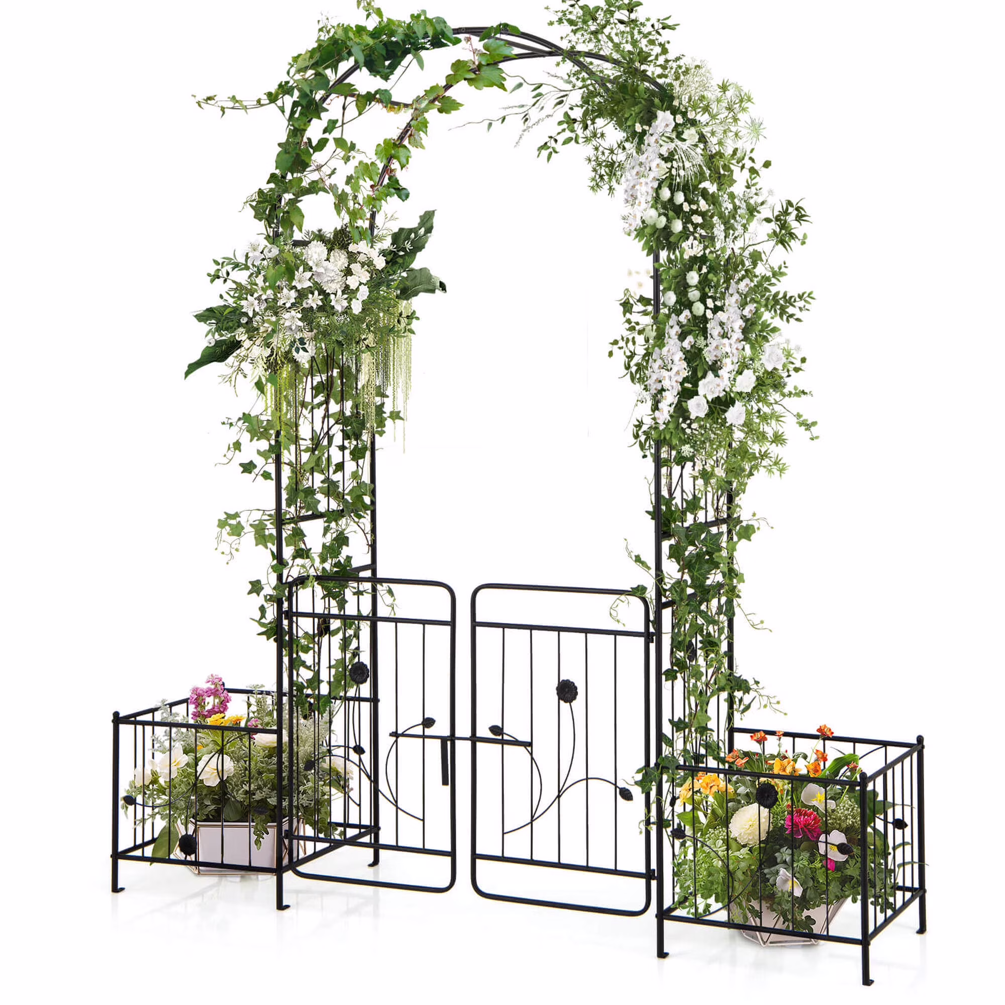 Costway 87 Garden Arbor Arched Lockable Gate Top Arbor Trellis with Side Planters