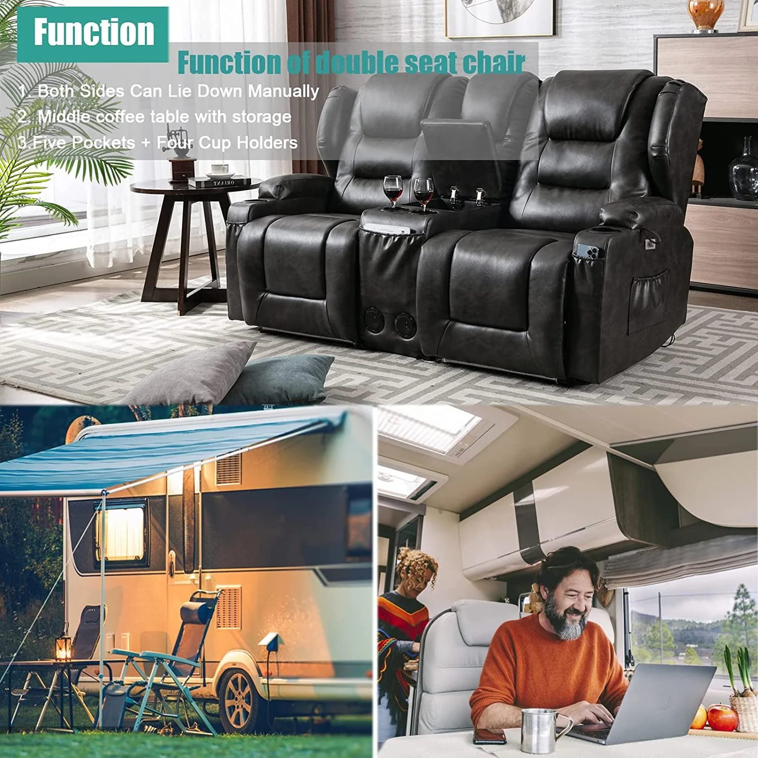 Electric Home Theater Seating- Power Recline Chair Loveseat RV Sofa with Console, 67" Double Recliner 2-Seater RV Couch with Storage/USB Charging/Lighting/Cup Holders for Living Room(Black) - Image 10