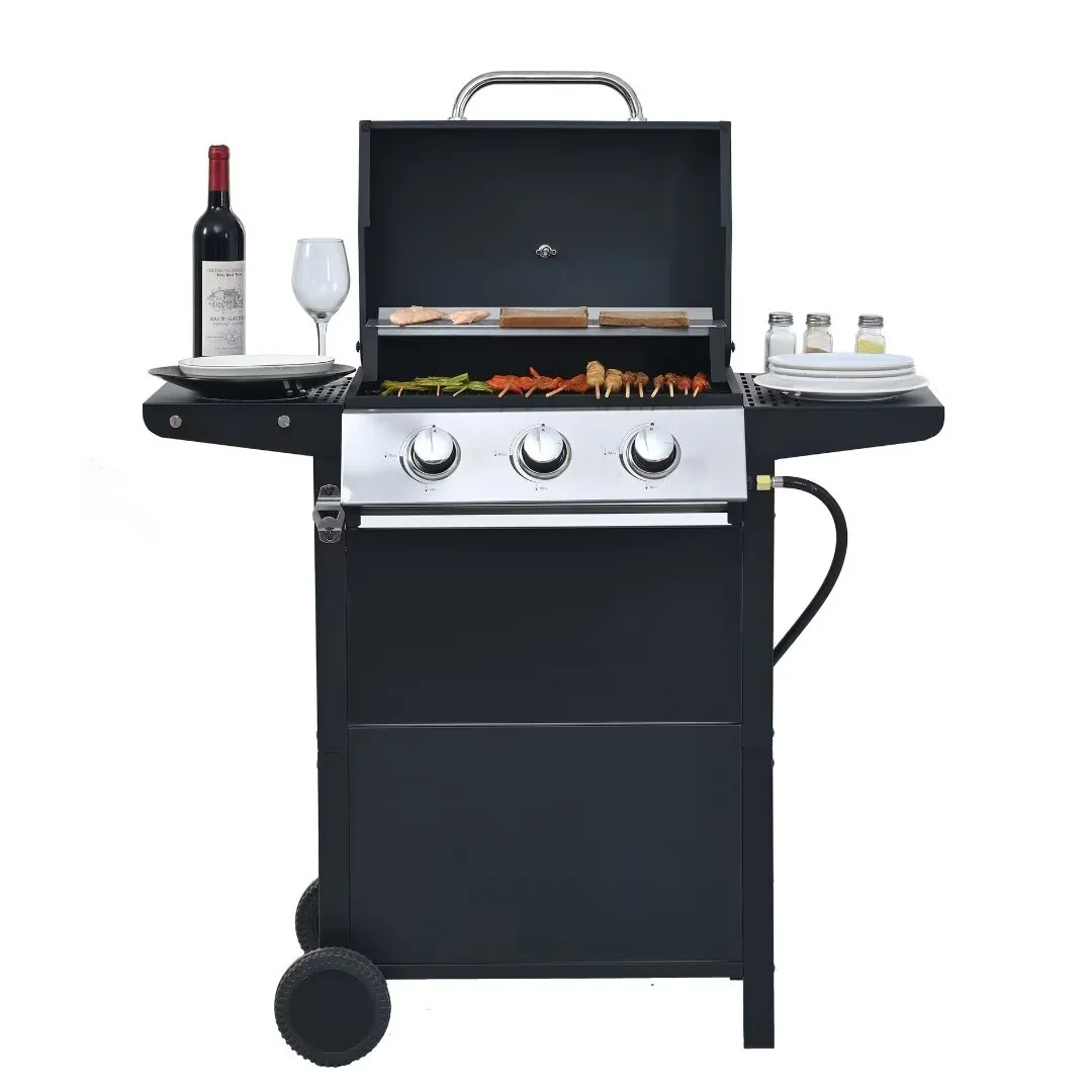Leuco 3 Burner BBQ Propane Gas Grill, Stainless Steel 25,650 BTU Patio Garden Barbecue Grill with Two Shelves, Lid, Wheels and Bottle Opener