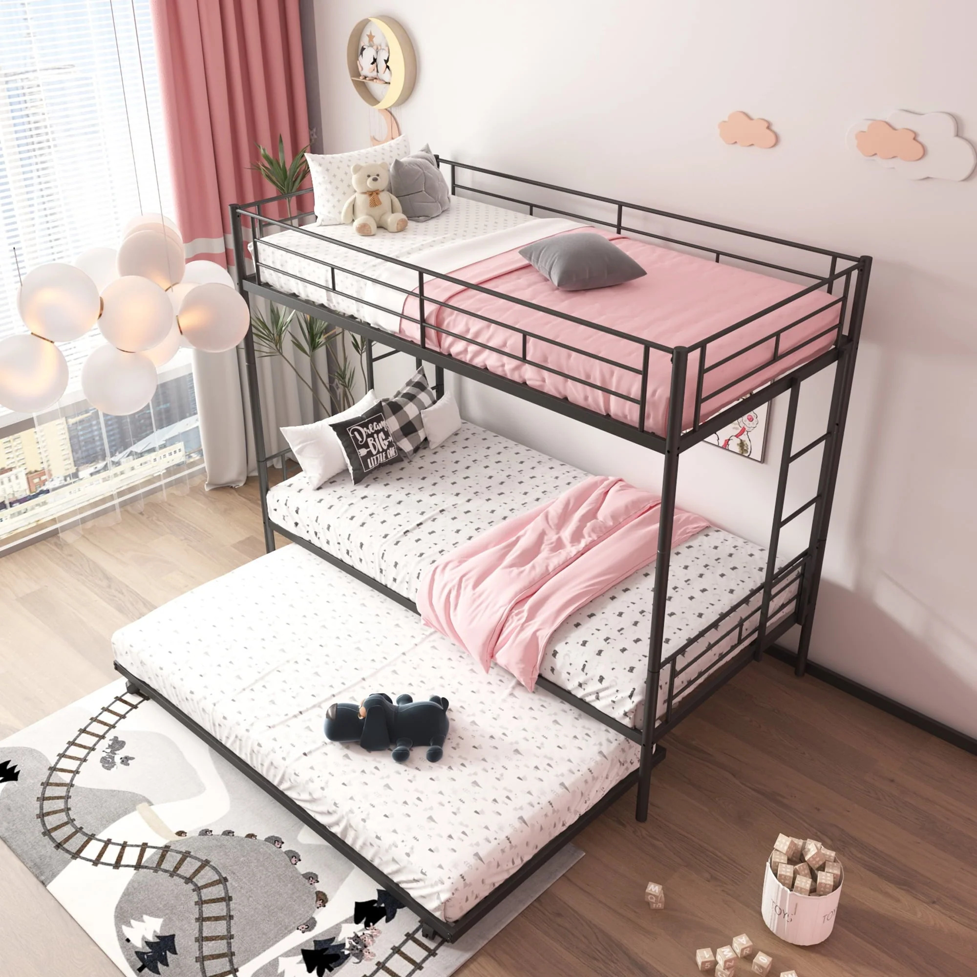 Twin Over Twin Bunk Bed with Trundle, Metal Bunk Beds for Kids Adults Teens, Bed Frame Can Be Divided Into 2 Twin Beds with 2 Side Ladders, Metal Support Slat, Safety Guard Rail, Black Image 4