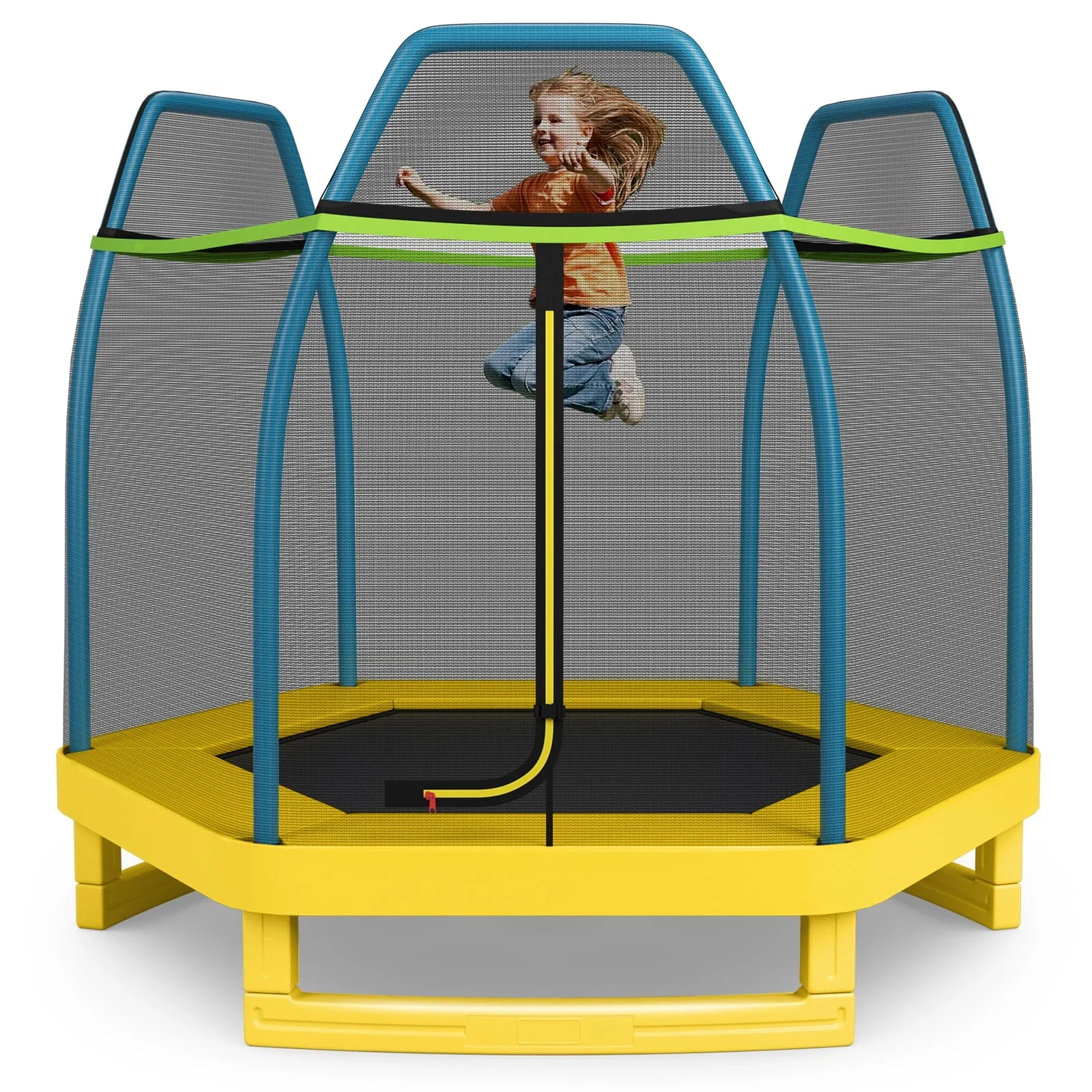 Patiojoy 7ft Kids Trampoline Round Bounce Jumping Bed with Safety Enclosure Net Green