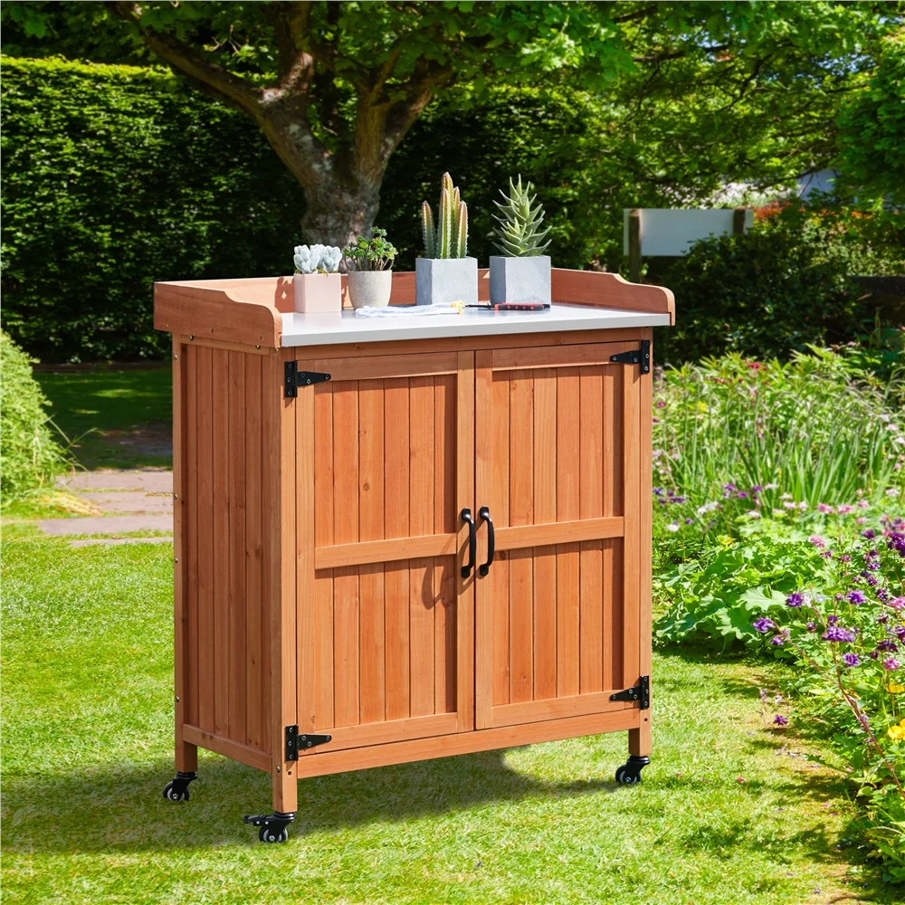 Yaheetech Outdoor Garden Potting Bench Table with Cabinet, Brown