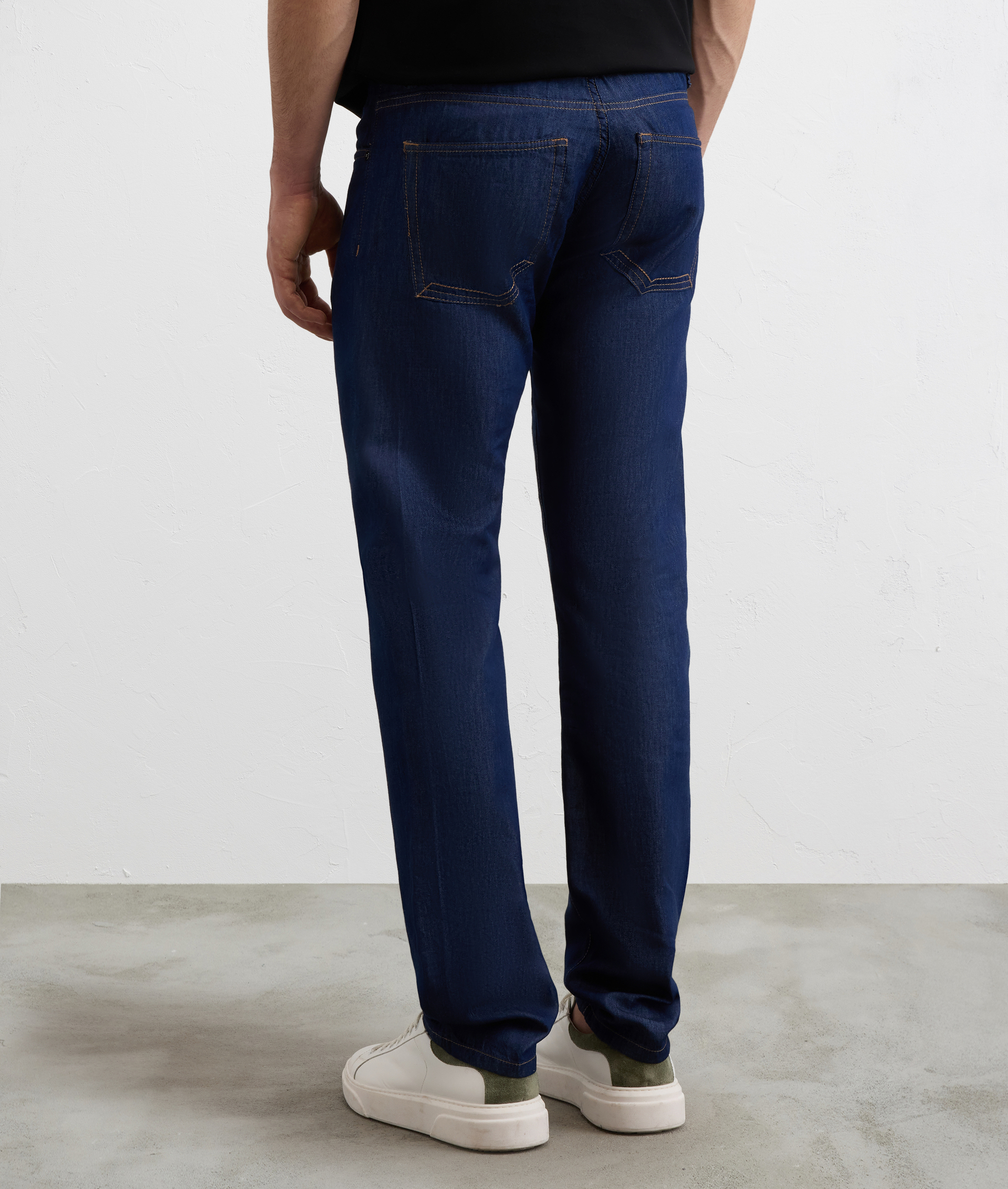 NAVY BLUE COTTON AND LYOCELL DENIM WITH LEATHER LOGO EMBOSSED ON BACK
