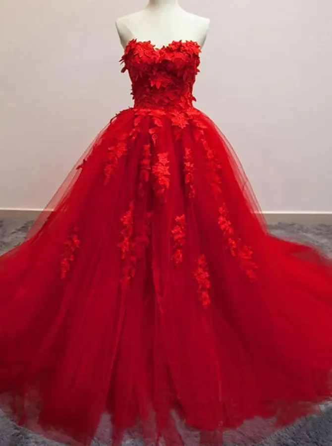 Charming Red Sweetheart Strapless Ball Gown Applique Tulle Long Prom Dress DME82