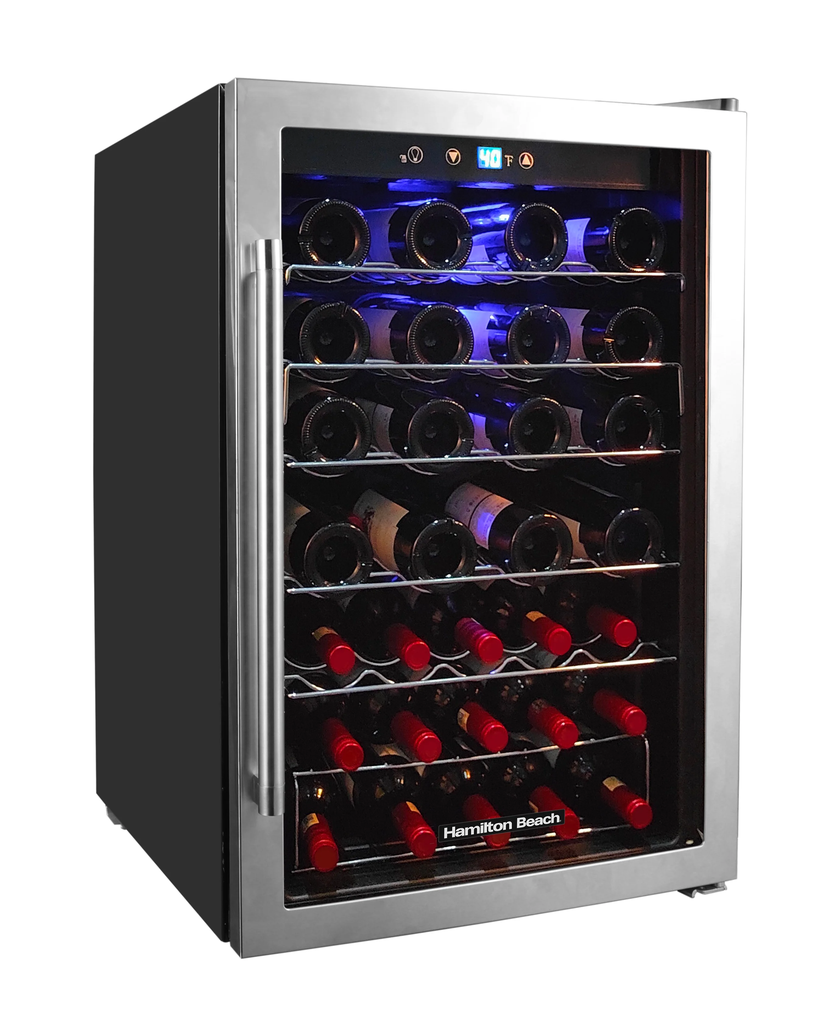 Hamilton Beach, 43 Bottle, Dual Zone Wine Refrigerator, Glass Door, Wooden Shelves, Stainless Steel