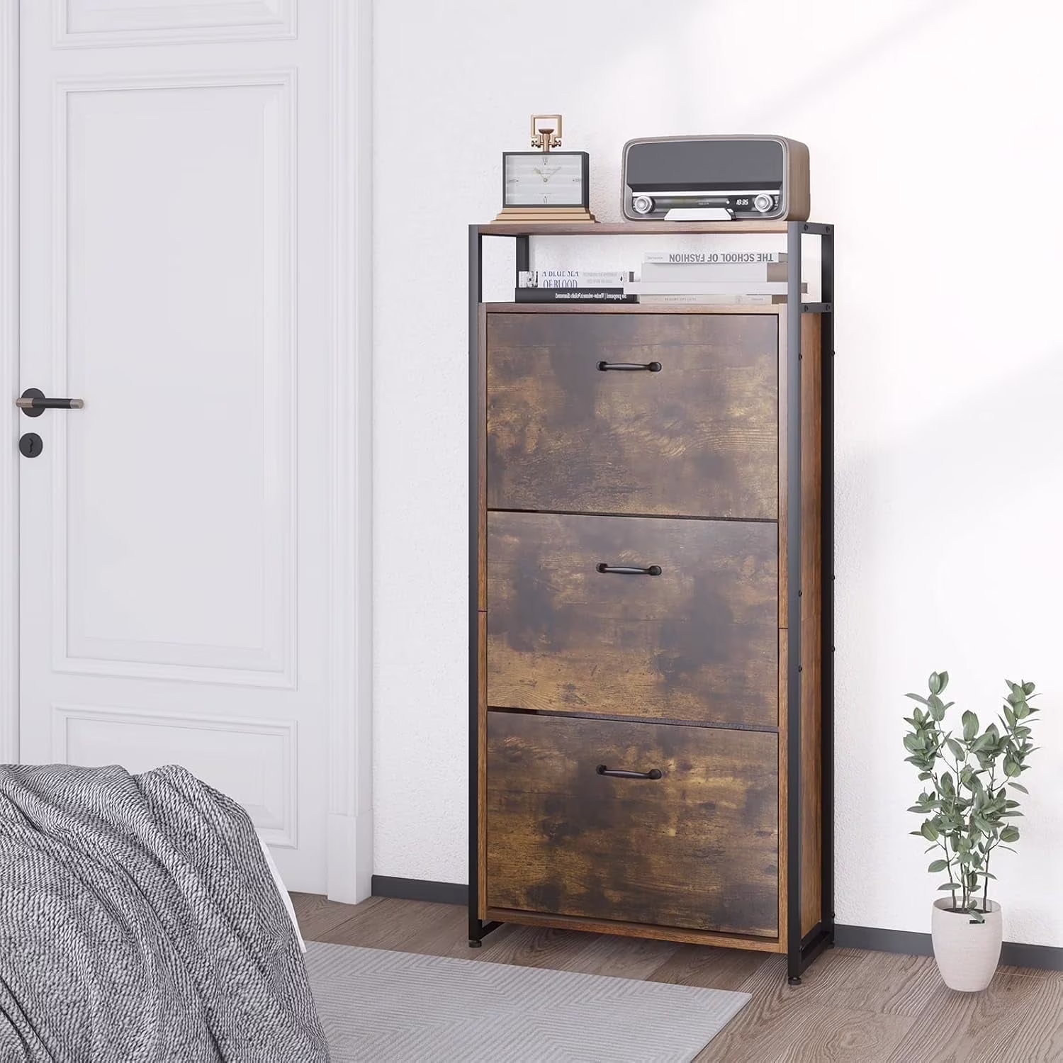 Shoe Storage Cabinet, Wood Shoe cabinet with Adjustable Shelf for Entryway with 3 Flip Drawers,Rustic Brown(3 Drawer Brown)
