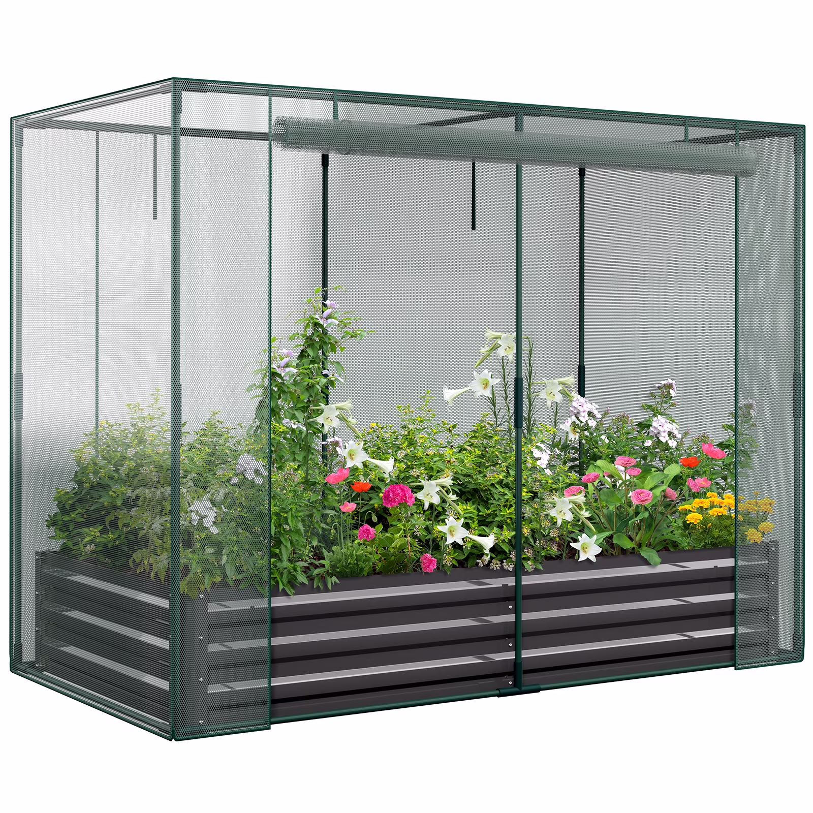 Slsy Galvanized Raised Garden Bed Kit w/Crop Cage Anti-Bird Netting Mesh Cover, 71 x 35.4 x 59 Large Metal Outdoor Planter Garden Boxes w/ 2 Roll-Up Zippered Doors, for Vegetables Herbs Flowers