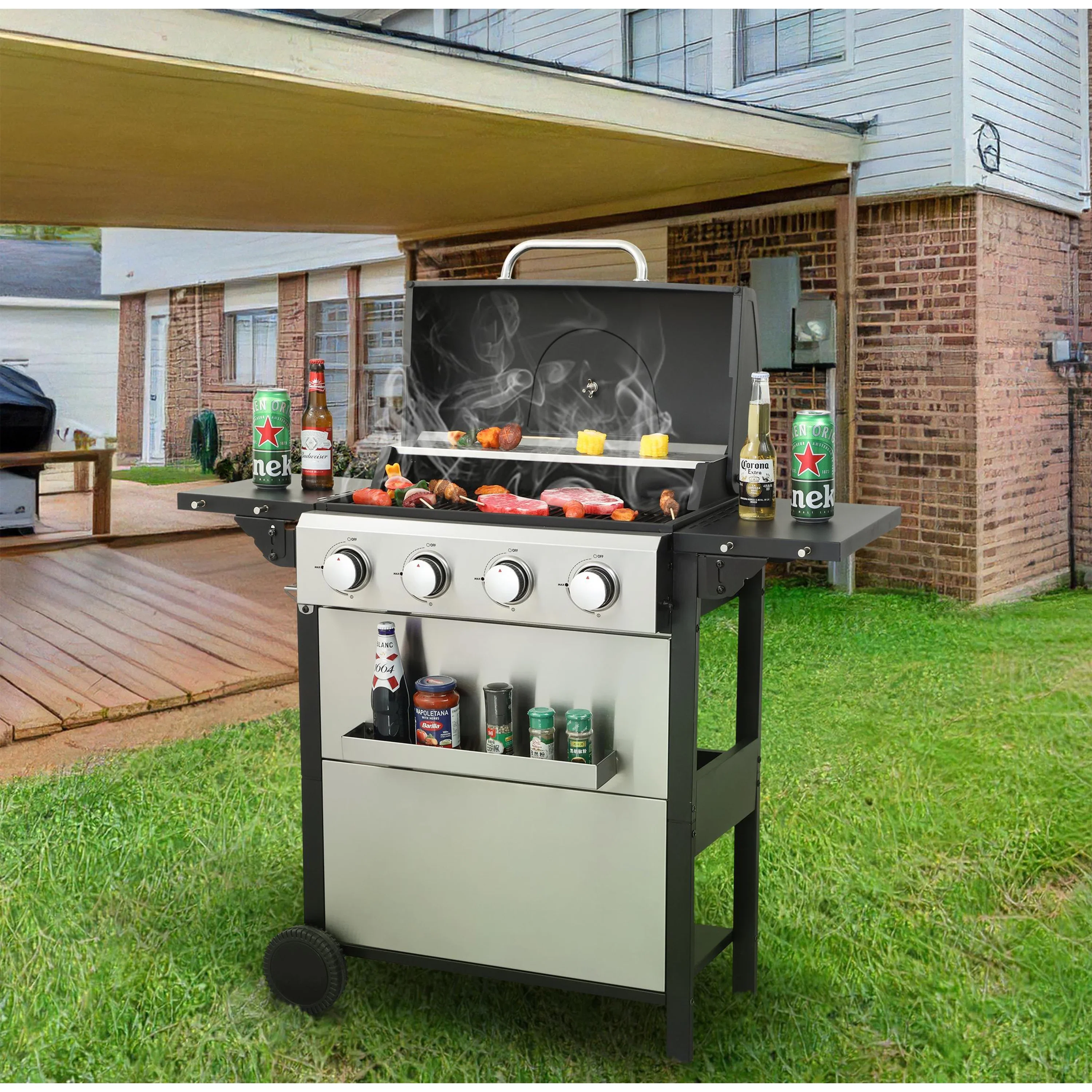 Furnibear 4 Burner BBQ Propane Gas Grill, Stainless Steel 34,000 BTU Patio Garden Barbecue Grill with Two Foldable Shelves