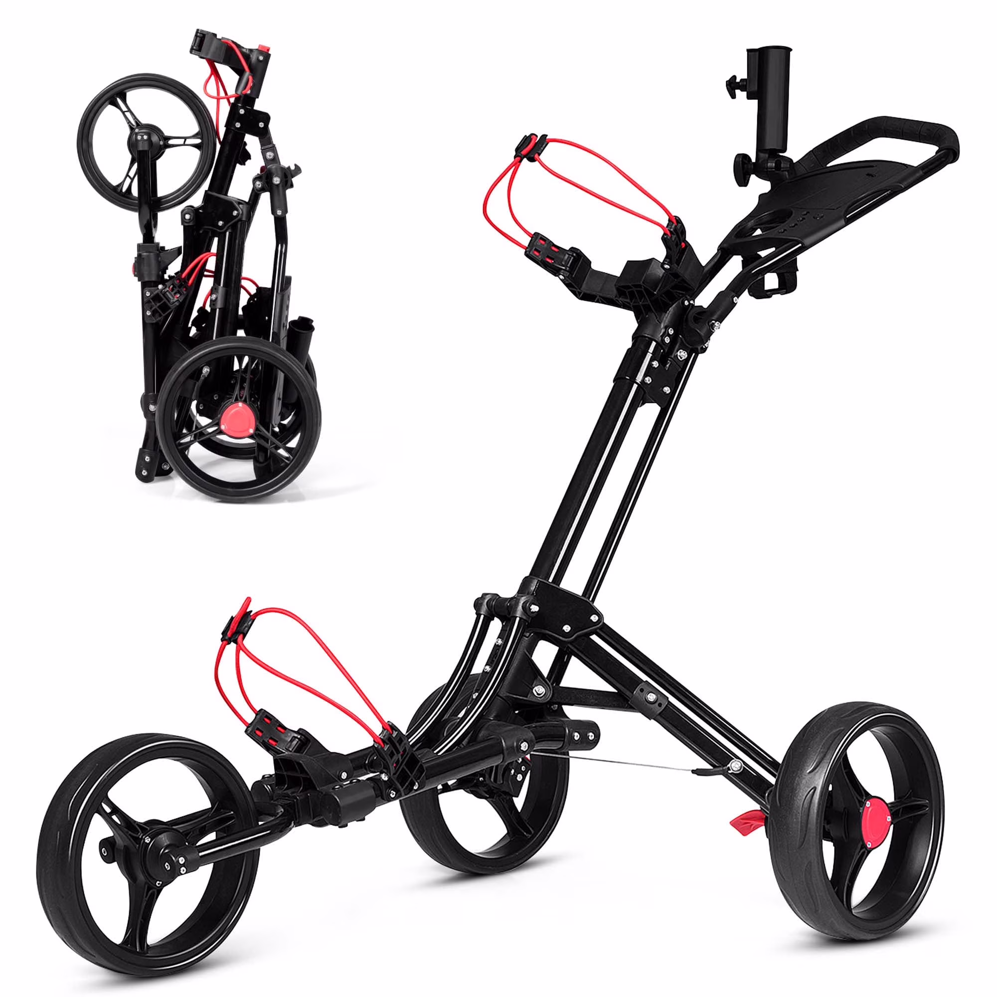 Costway Foldable 3 Wheel Steel Golf Pull Push Cart Trolley Club W/ Umbrella Holder