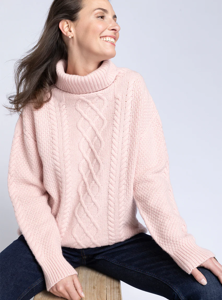 Pull col roule femme en laine recyclée rose poudre