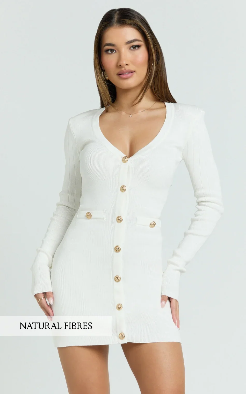 Nikka Mini Dress - Long Sleeve V Neck Bodycon Knit Dress in Cream