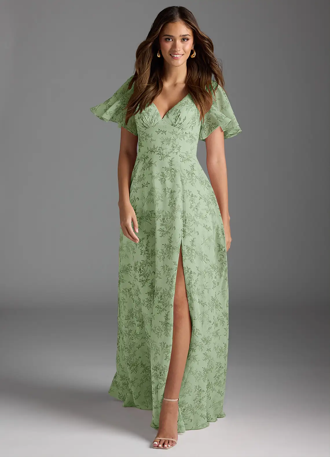 Green Fern Floral A-Line Flounce Sleeve Chiffon Dress