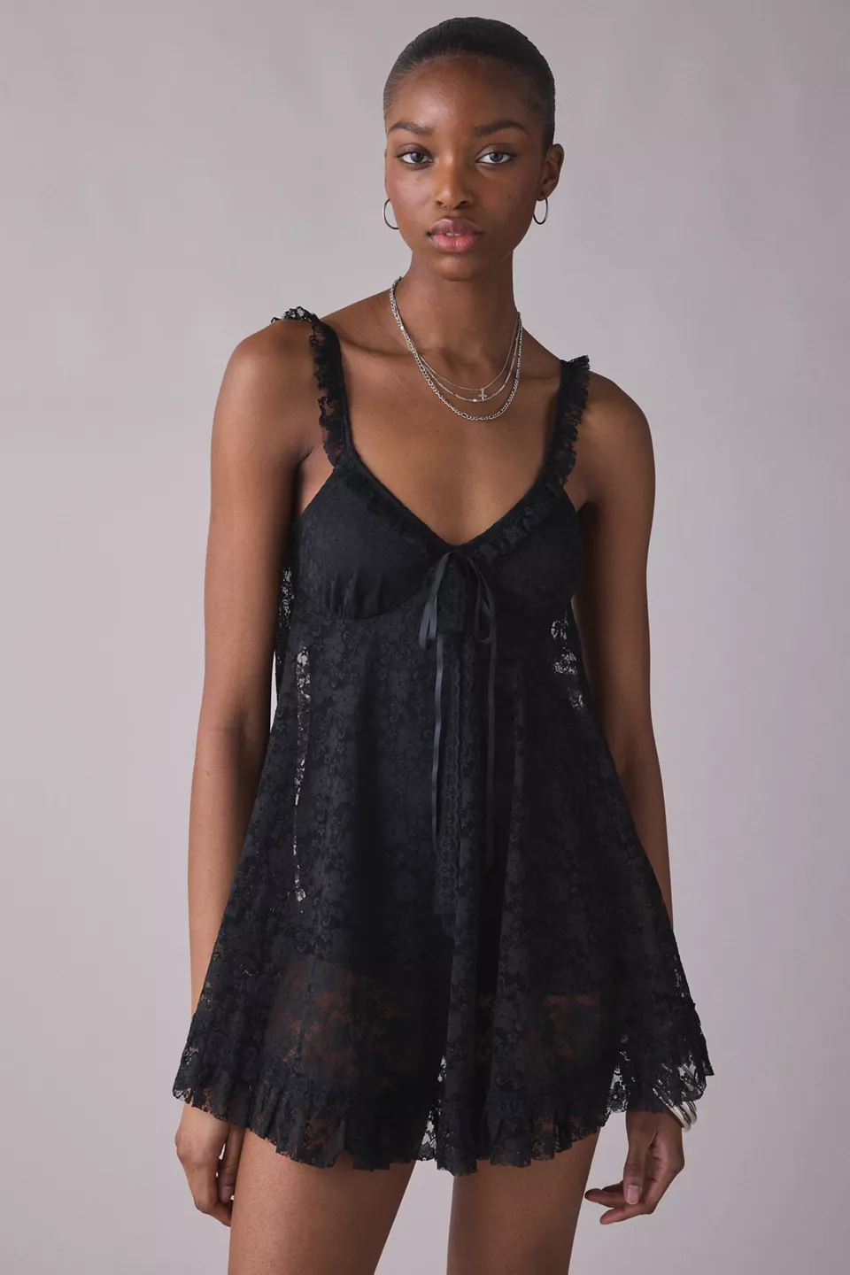 UO Primrose Lace Babydoll Romper - Black