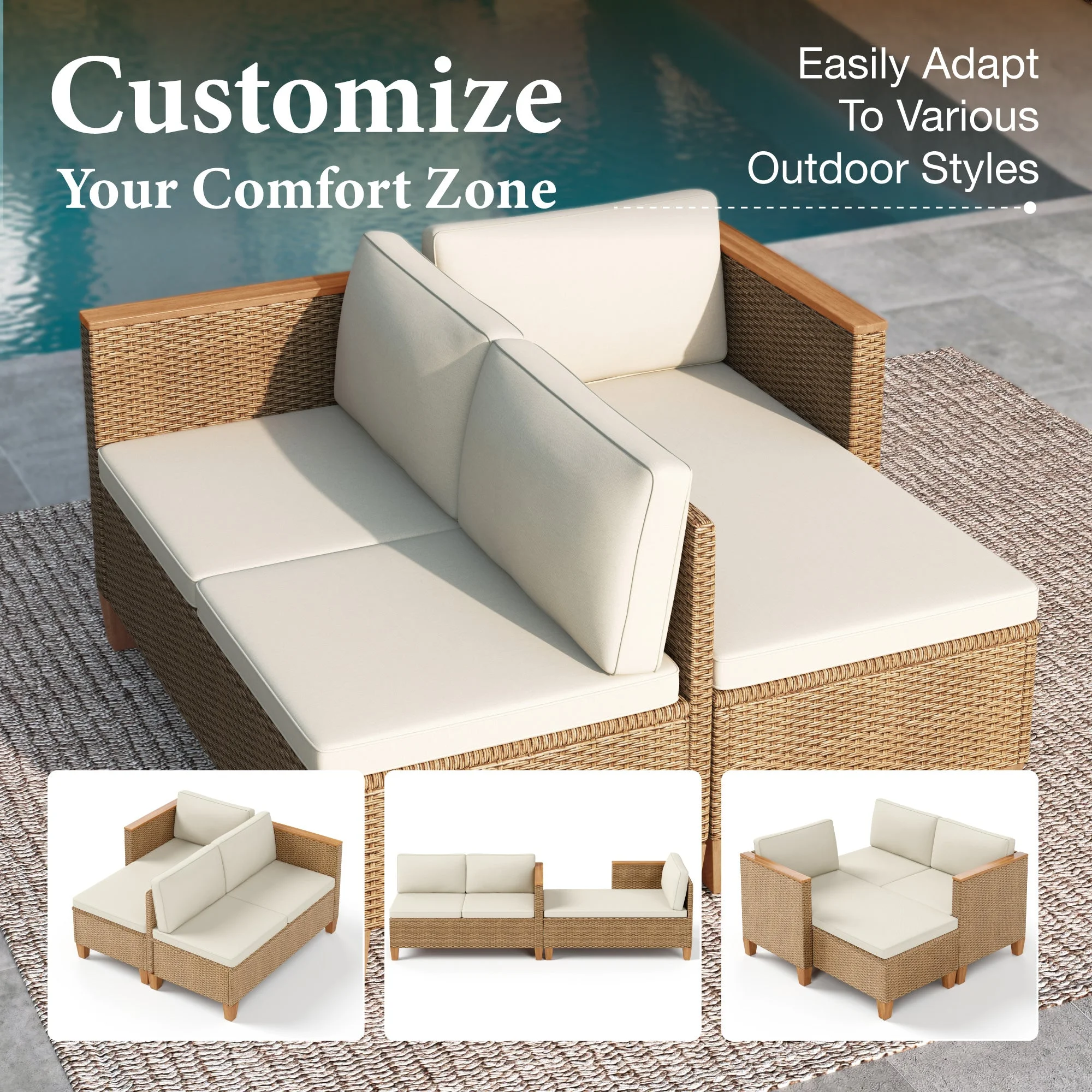3-Piece Patio Furniture Conversation Set, All-Weather Wicker Outdoor Sectional Sofa Set with Table Cushions, Beige - Image 9