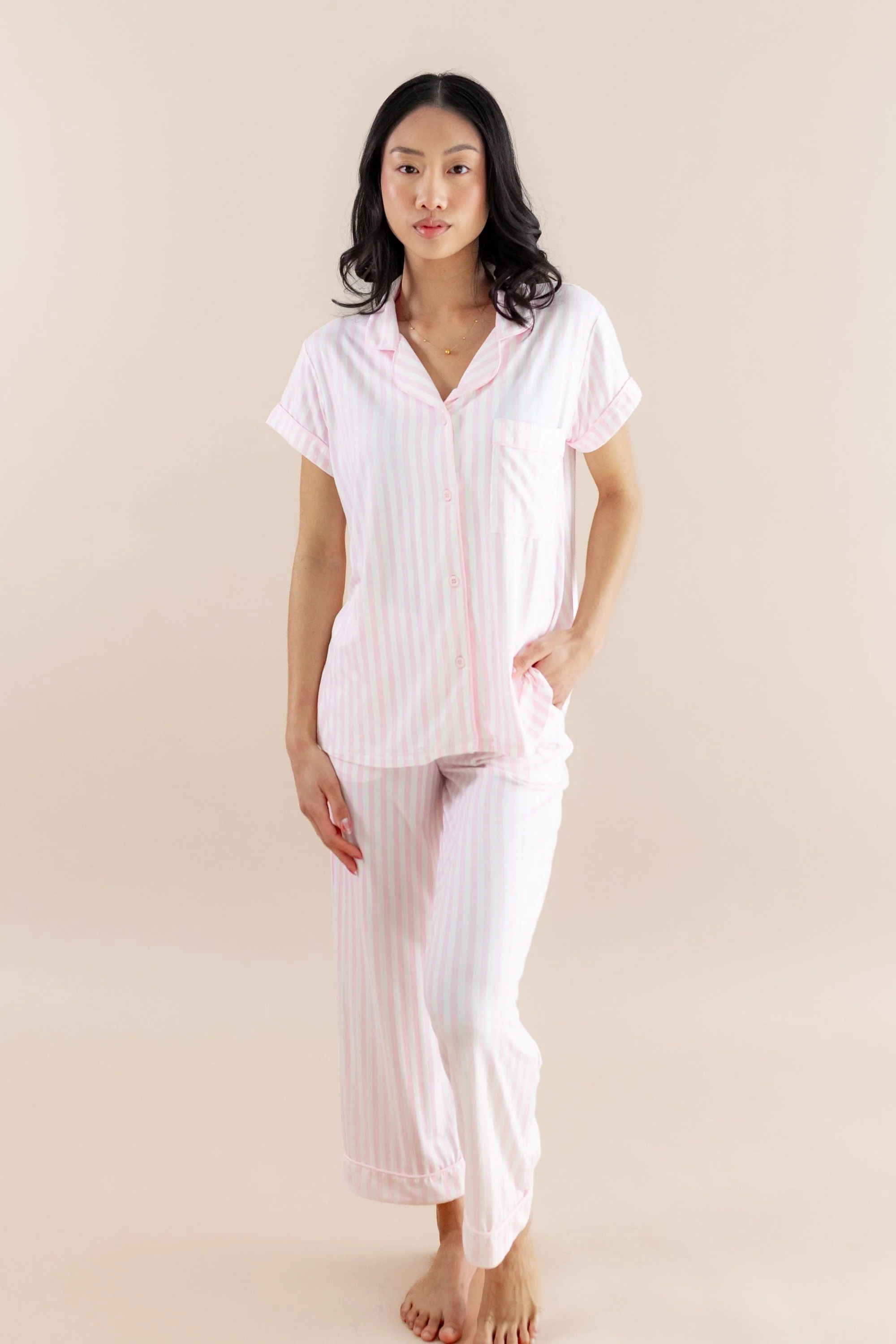 Women's Short Sleeve Cropped Pajama Set in Small Sakura Stripe