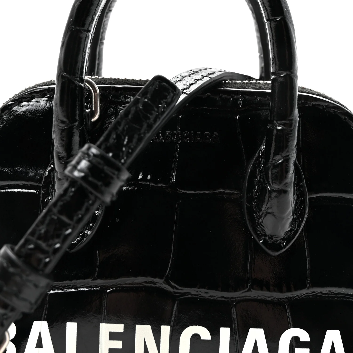 Shiny Calfskin Logo Crocodile Embossed Mini Ville Top Handle Bag Black