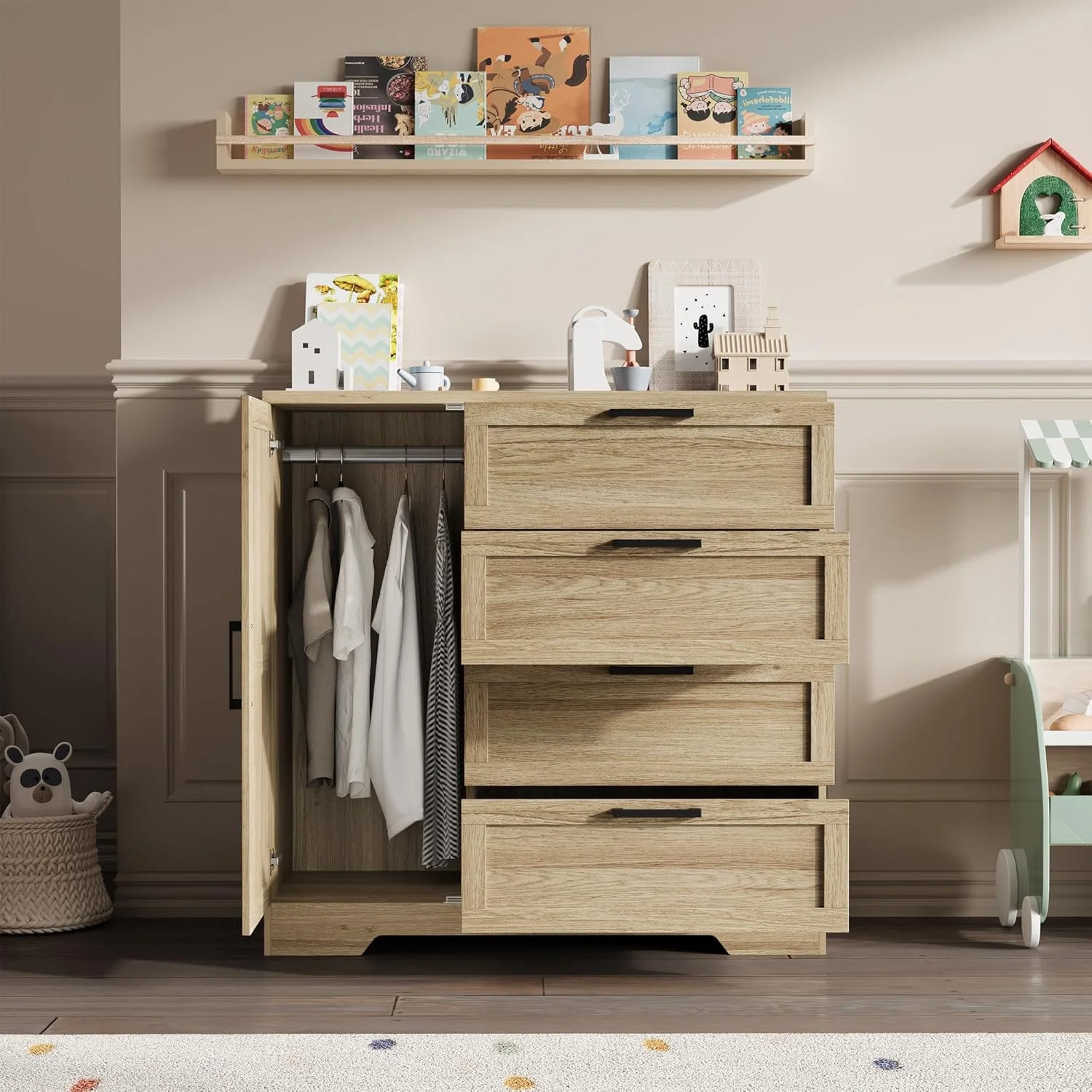 43.3" H Armoire Wardrobe Closet with 4 Drawers Hanging Rod, Multifunctional Wood Storage Cabinet for Bedroom, Natural Oak(Natural Oak) - Image 6