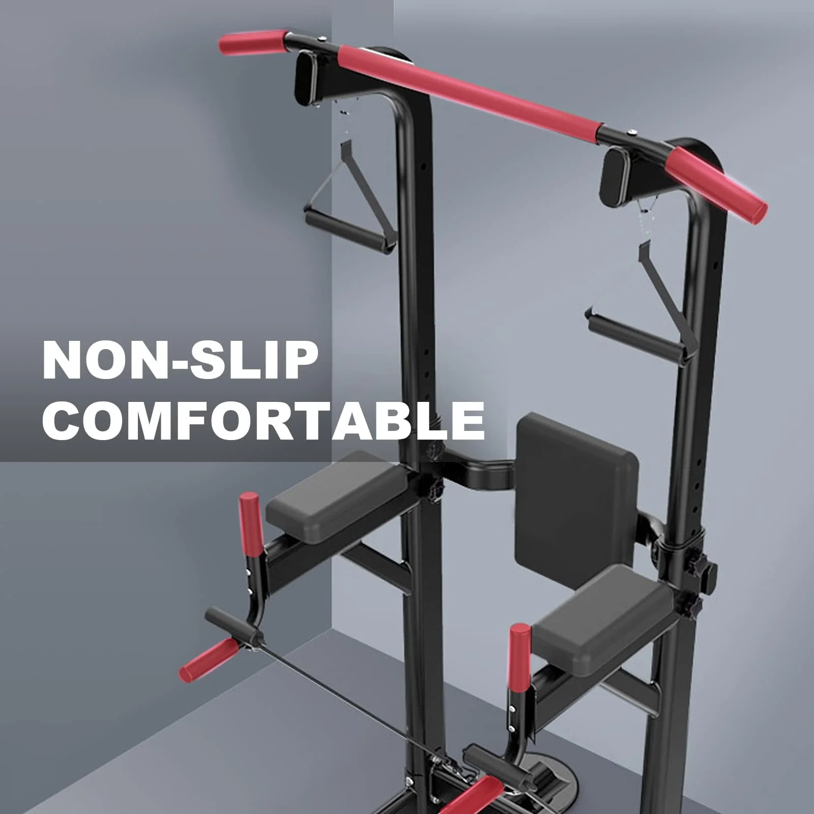 PROHIKER Power Tower Dip Station, Pull Up Bar Stand Power Rack with Backrest and Resistance Band, Height Adjustable Strength Training Equipment for Fitness Home Workout, Black Image 8