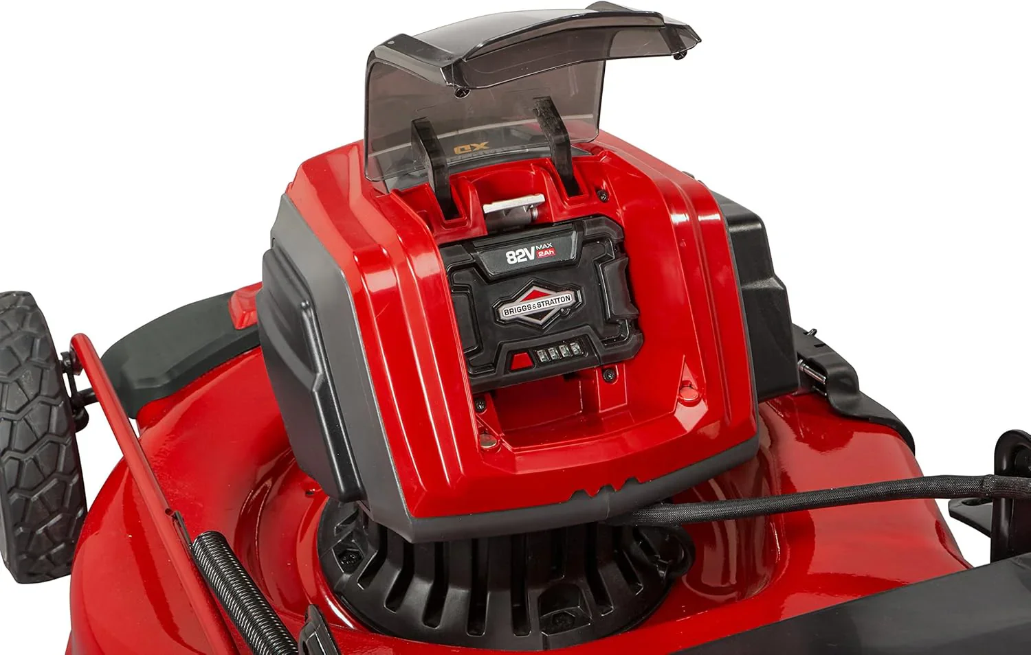 Tondeuse à gazon électrique sans fil 82 V MAX 21 pouces, plateau en acier, conception 3 en 1, rouge/noir