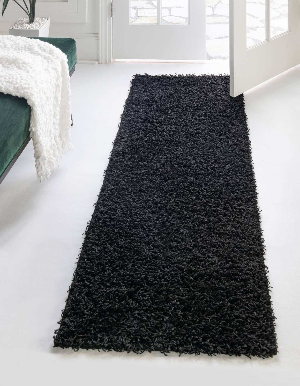 Comfort Solid Shag 6 ft Runner Black Area Rug
