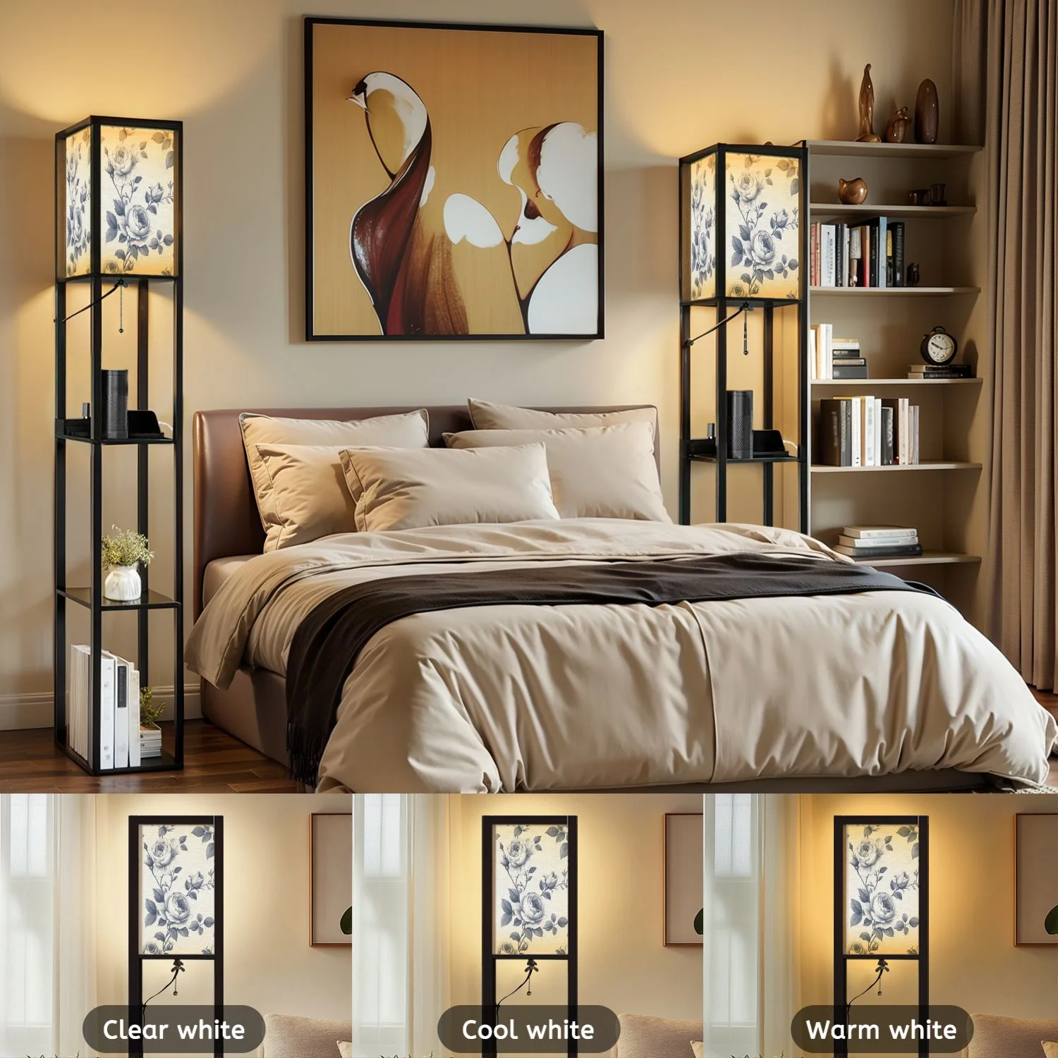 Floor Lamp with Shelves,Modern Dimmable Standing Lamp Floral Corner Display Bookshelf Lamp with 2 USB 1 Power Outlet for Living Room Bedroom(Color-5) - Image 4