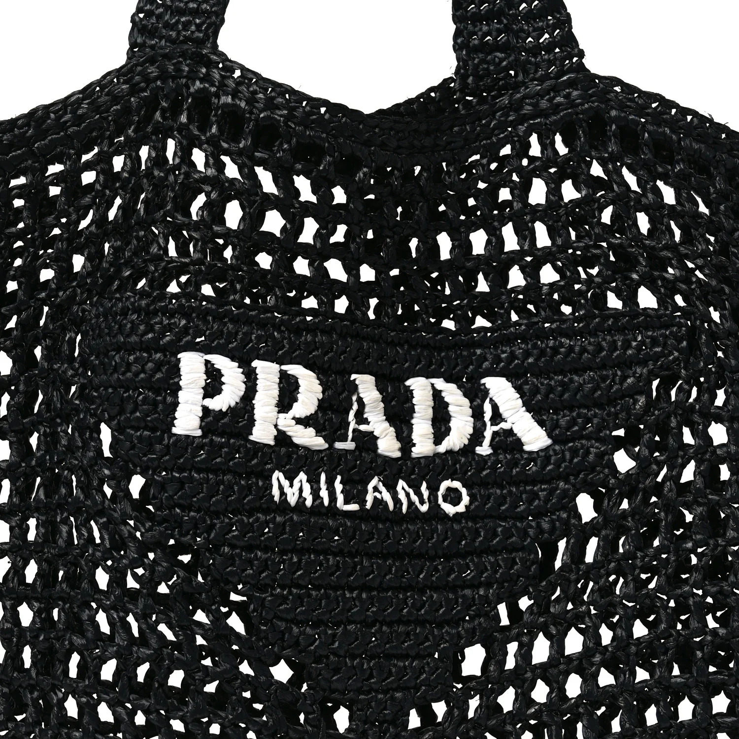 Yarn Raffia Effect Crochet Logo Embroidered Tote Bag Black