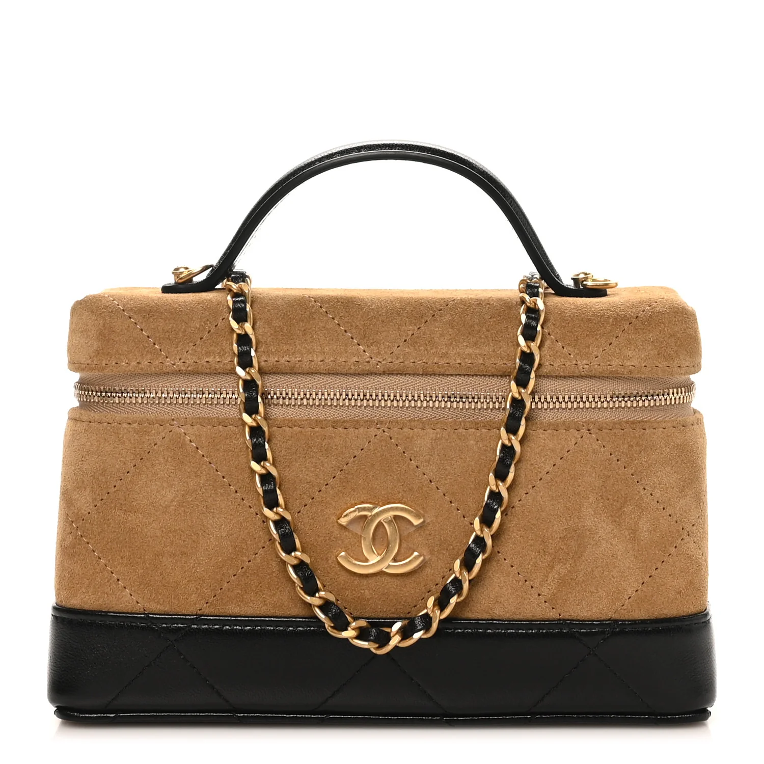 Suede Calfskin Shiny Lambskin Quilted Top Handle Slim Vanity Case With Chain Beige Black
