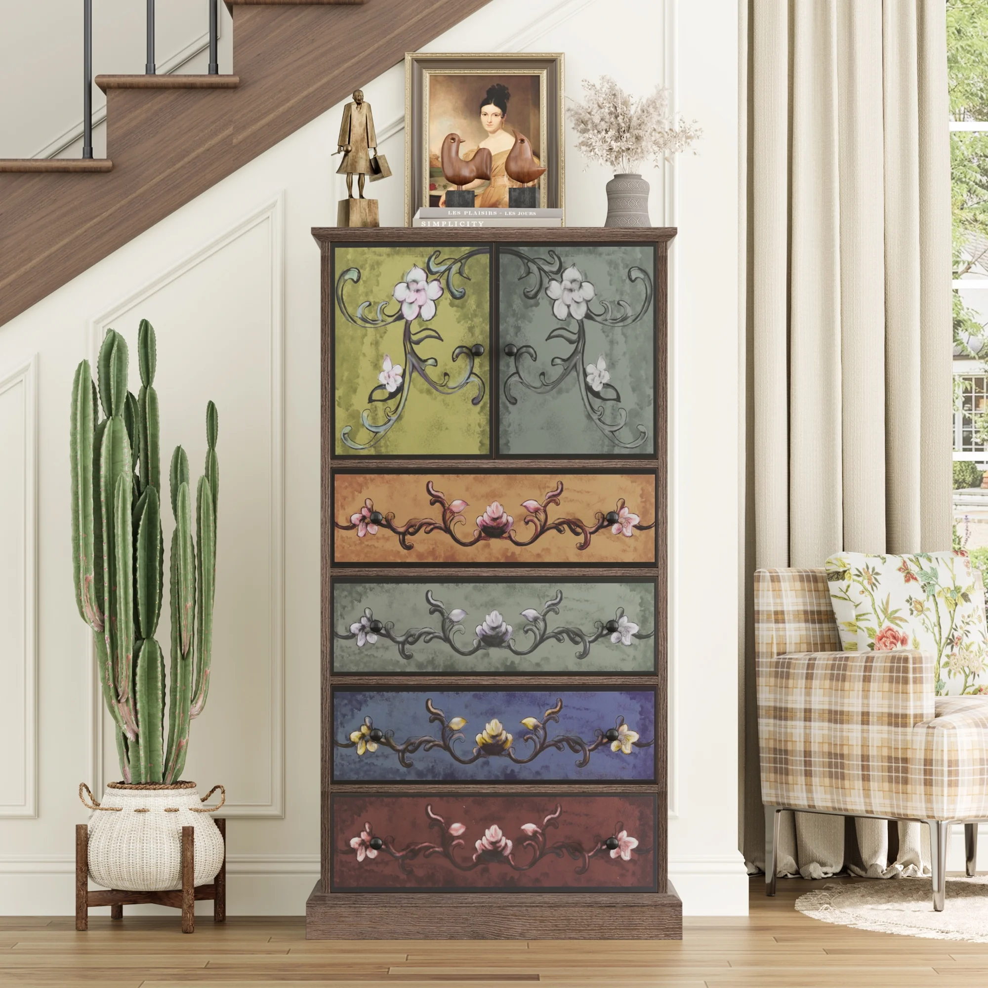50�� Tall Dresser with 4 Drawers, Boho Vintage Dresser with 2 Doors, Wood Drawers Chest for Bedroom Living Room Entryway - Image 4