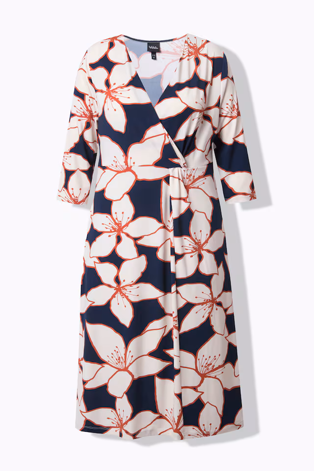 Flower Print 3/4 Sleeve Wrap Look Midi Dress