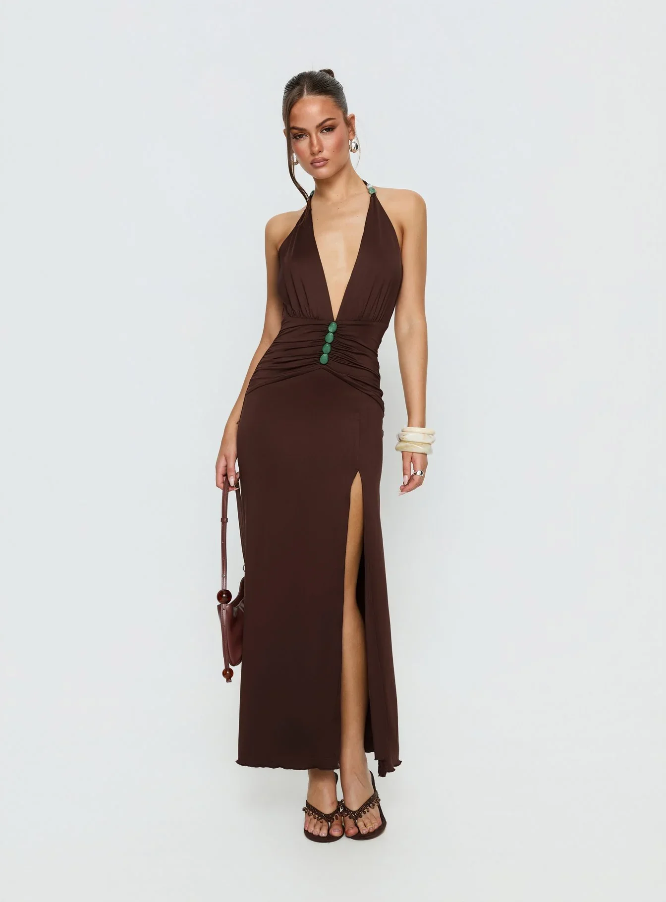 Sasami Halter Plunge Maxi Dress Chocolate