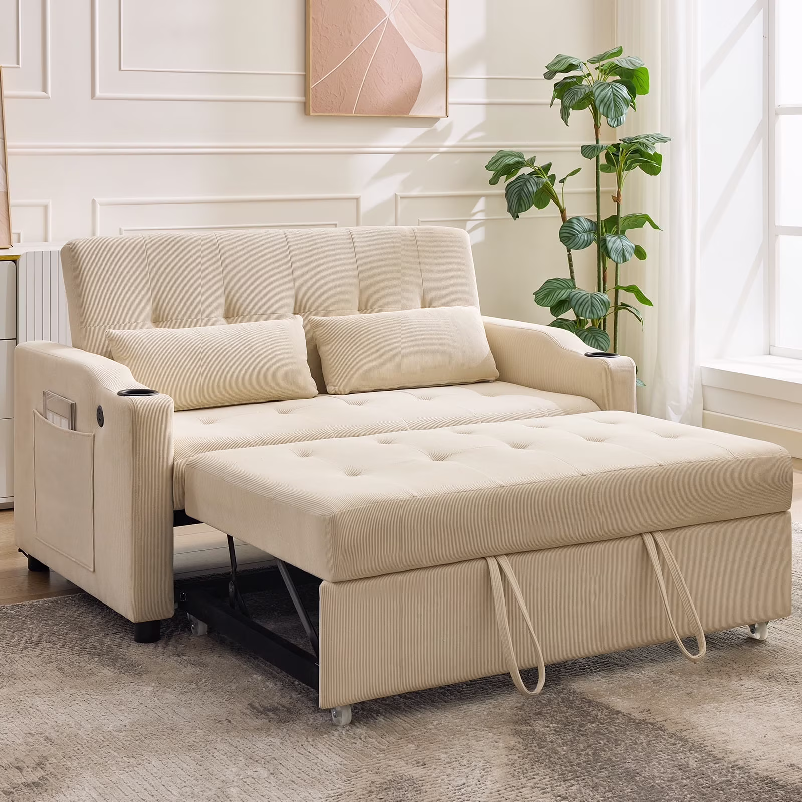 3 in 1 Convertible Sleeper Sofa Bed, Corduroy Futon Couches with Pull-Out Bed, Adjustable Backrest, Charging Port Side Pockets, Modern Upholstered Sofa for Living Room, Guest Room(Queen/Corduroy | Black) - Image 3