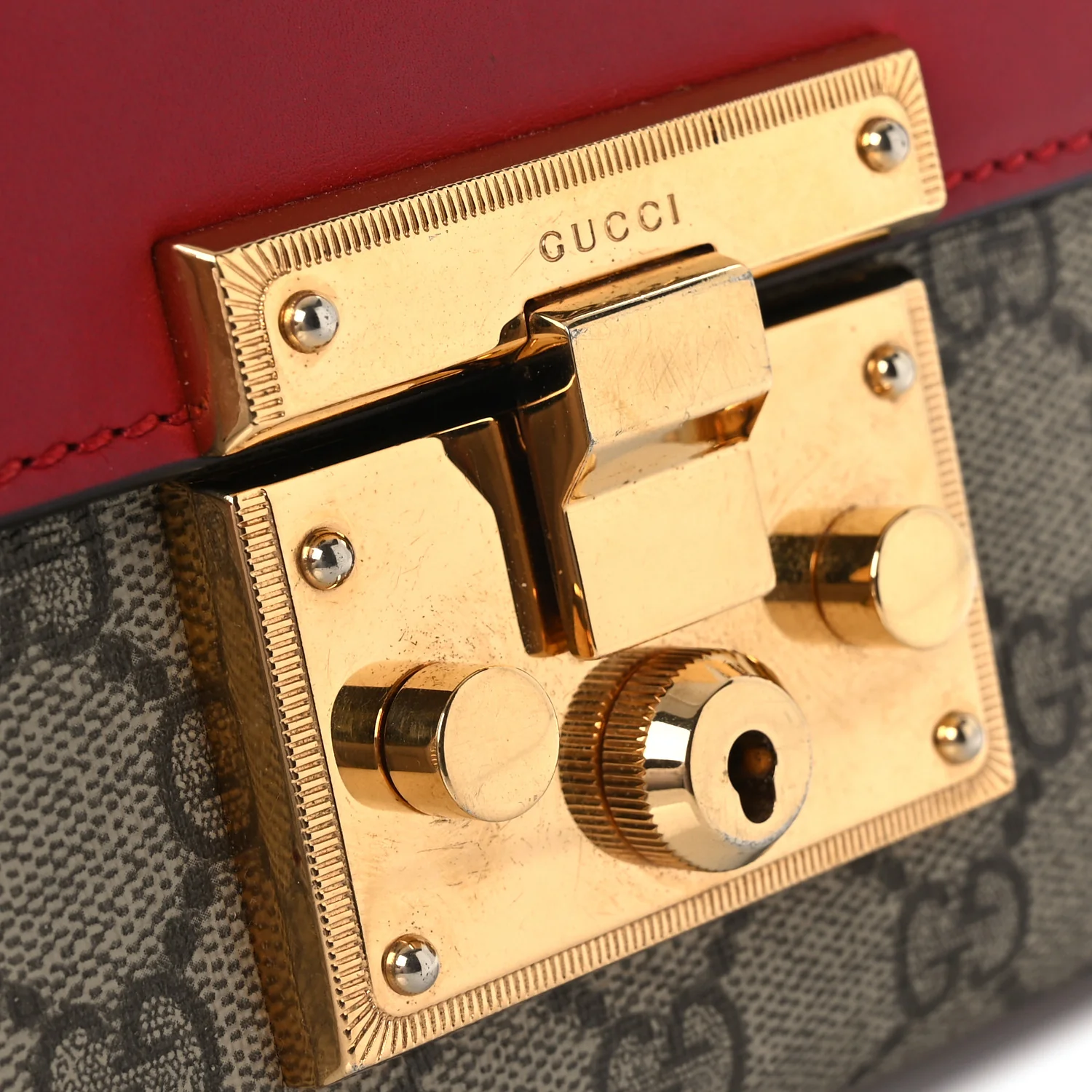 GG Supreme Monogram Calfskin Small Padlock Shoulder Bag Beige Hibiscus Red New Rosette
