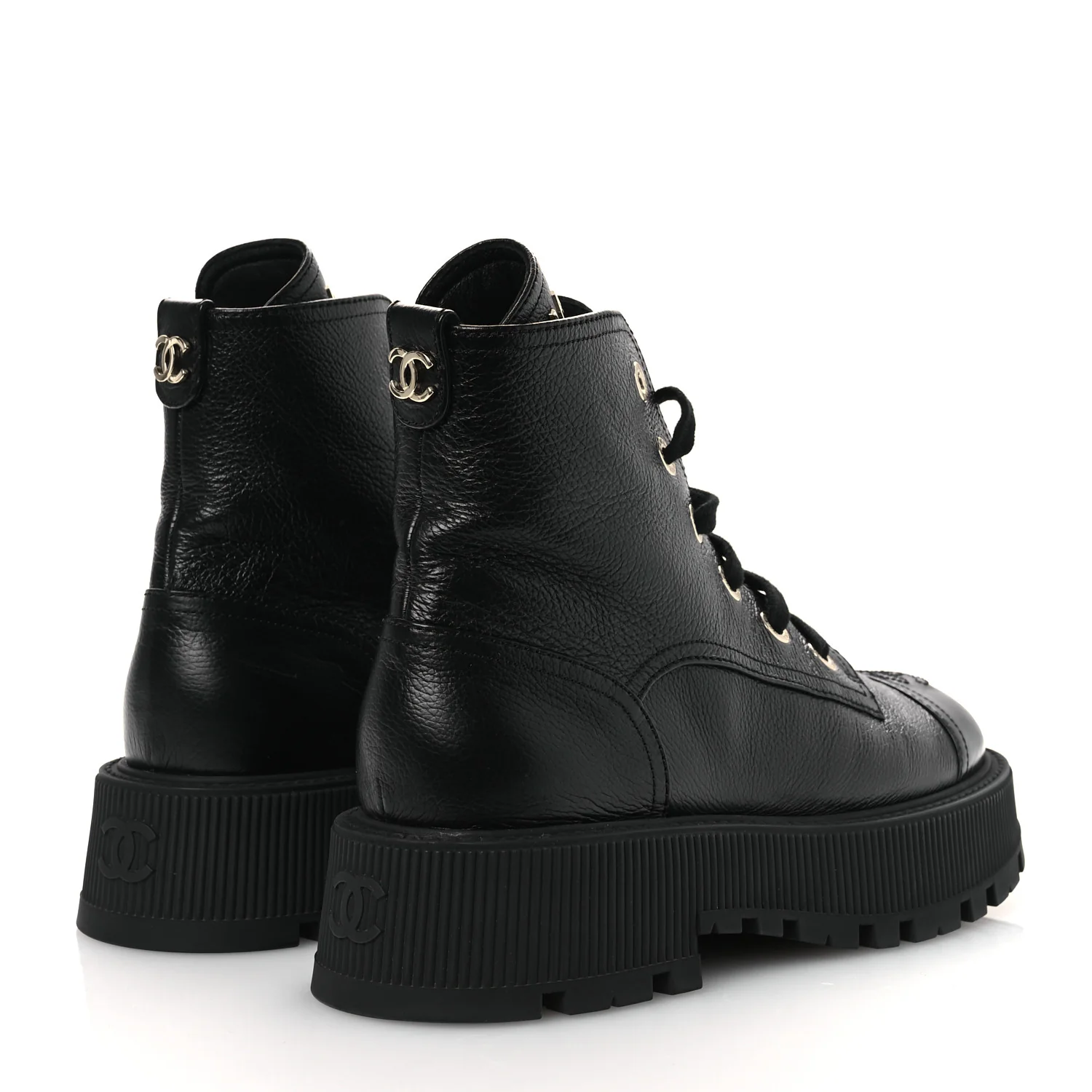Grained Calfskin Shiny Calfskin CC Lace Up Combat Boots 38.5 Black