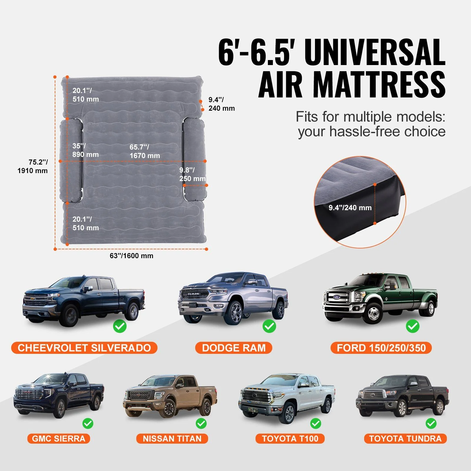Truck Bed Air Mattress for 6-6.5 ft Beds, Inflatable Camping Mattress w/ 12V Pump, 2 Pillows Bag, Fits Ford F150/250/350, Chevy Silverado, Dodge Ram - Image 7