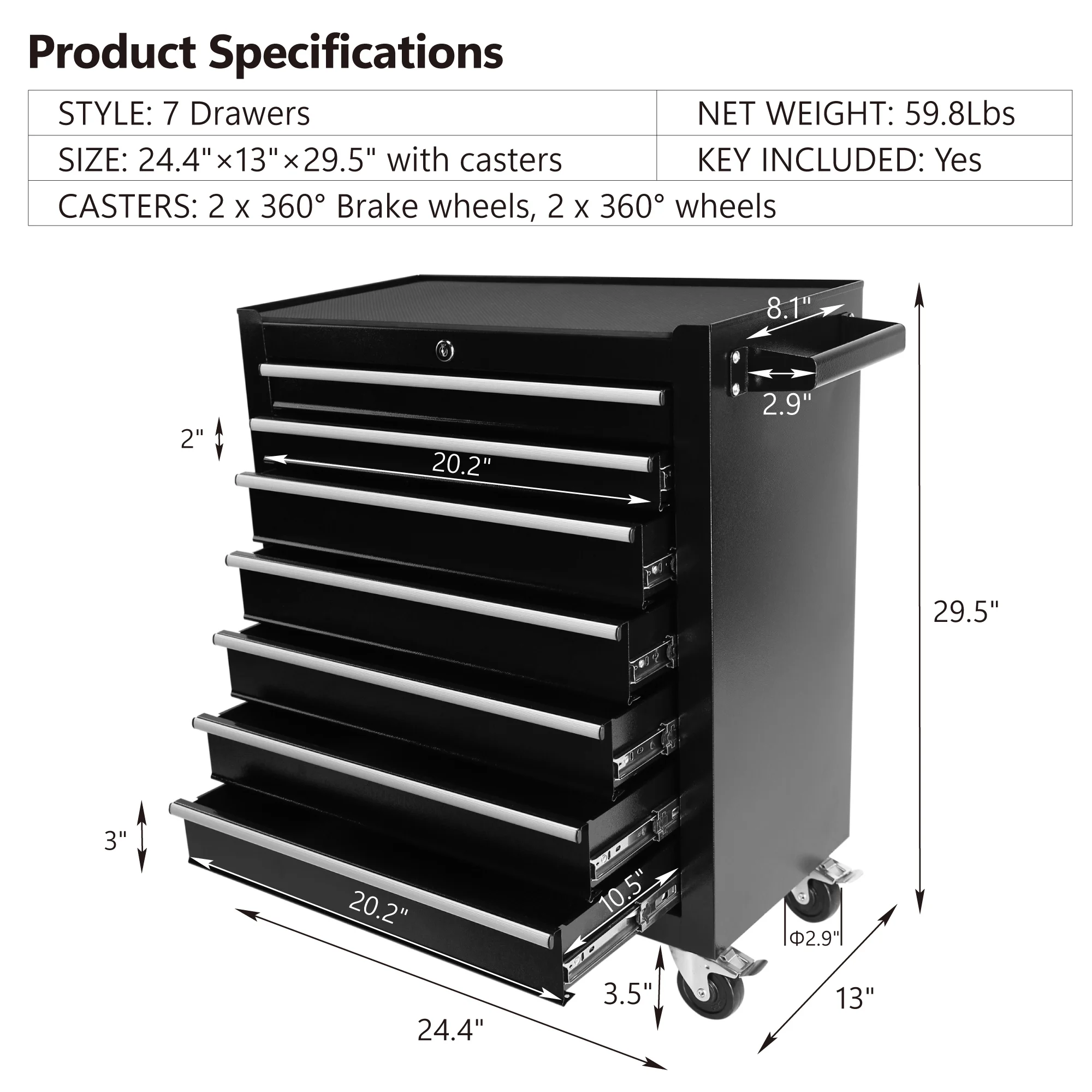 7 Drawer Tool Chest with Wheels,Metal Locking Rolling Tool Box with Tool Organizer Trays for Tool Storage Organizer,Portable Standing Mechanic Toolbox for Garage,30 Inch Tall Tool Cabinet(Black) - Image 4