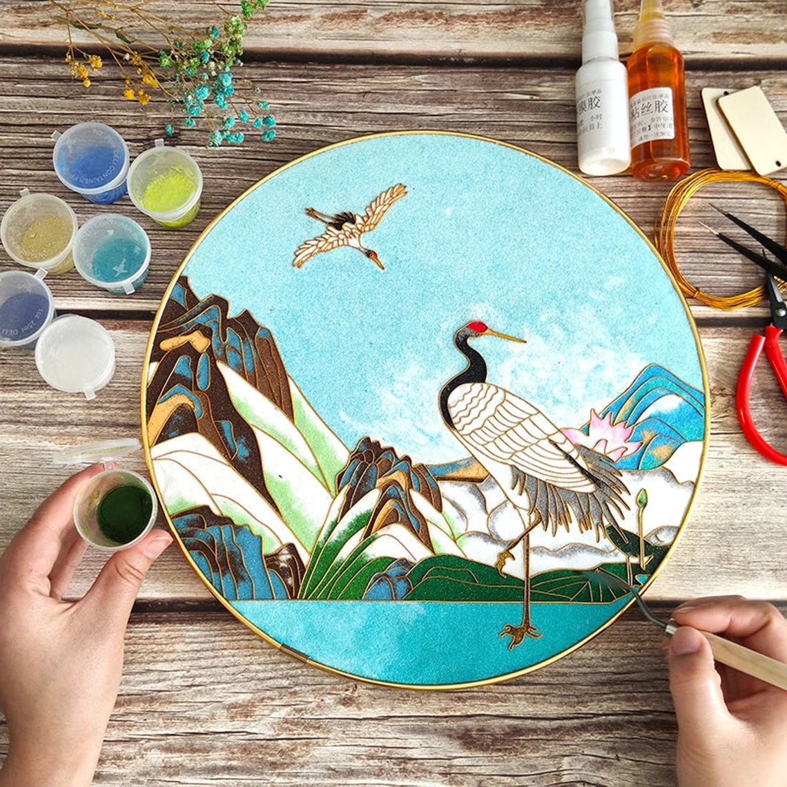 Blue Crowned Crane and Waves,Beginner Cloisonné Enamel DIY Kit, with Tutorial& All Tools