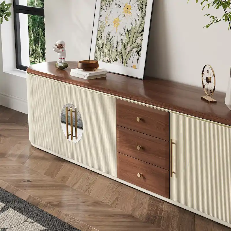78.74-Inch TV Stand with Wood-Look Top, 5 Cabinets and 3 Drawers