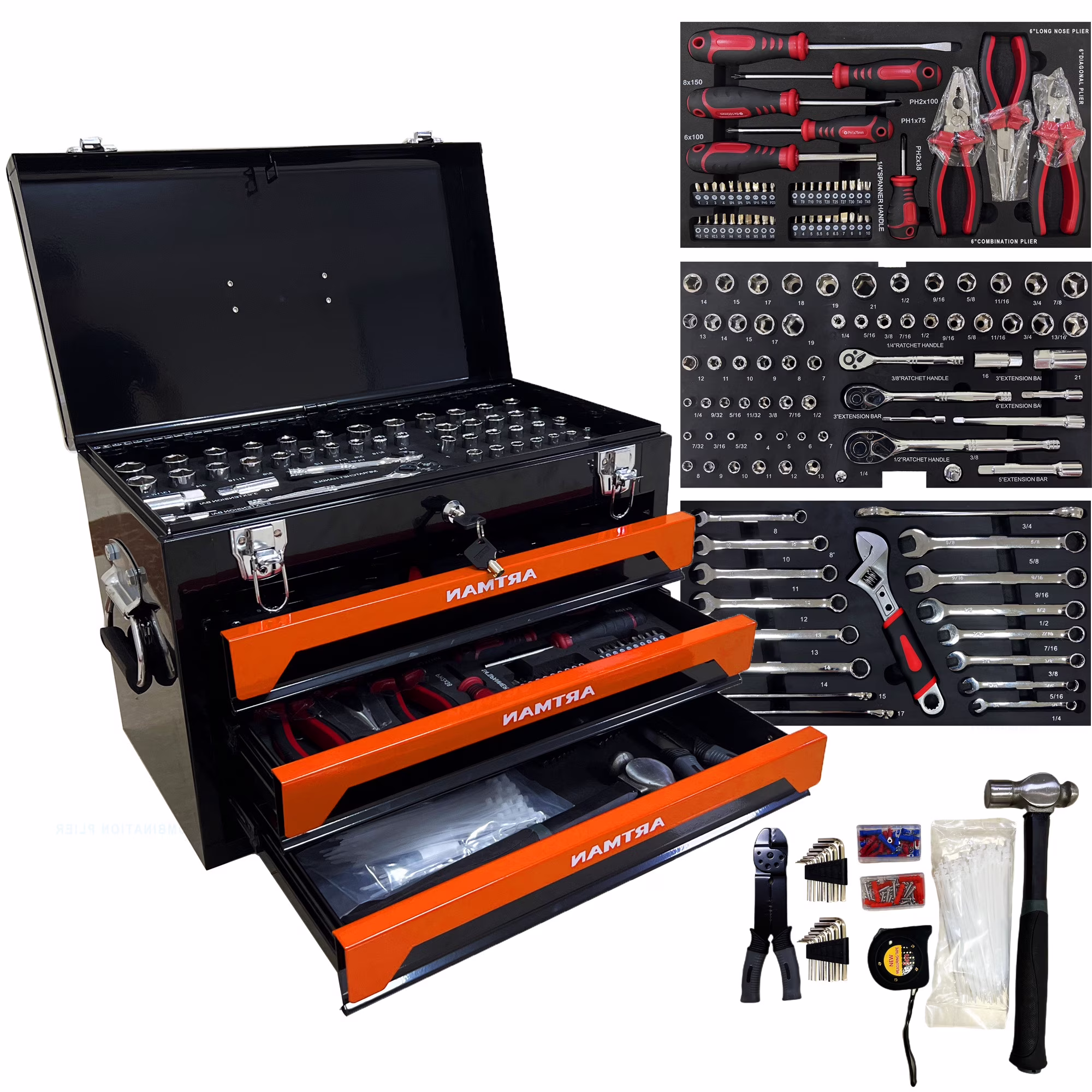 Tool Set 439pcs with 3 Drawers Tool Box Organizer, Mechanic Tool Set for Home, Tool Box Set 4-Tier Socket Wrench Ratchet Plier Nails, Home Tool Set Mechanics Kit for Adults Man Handyman, Red(Red) - Image 7