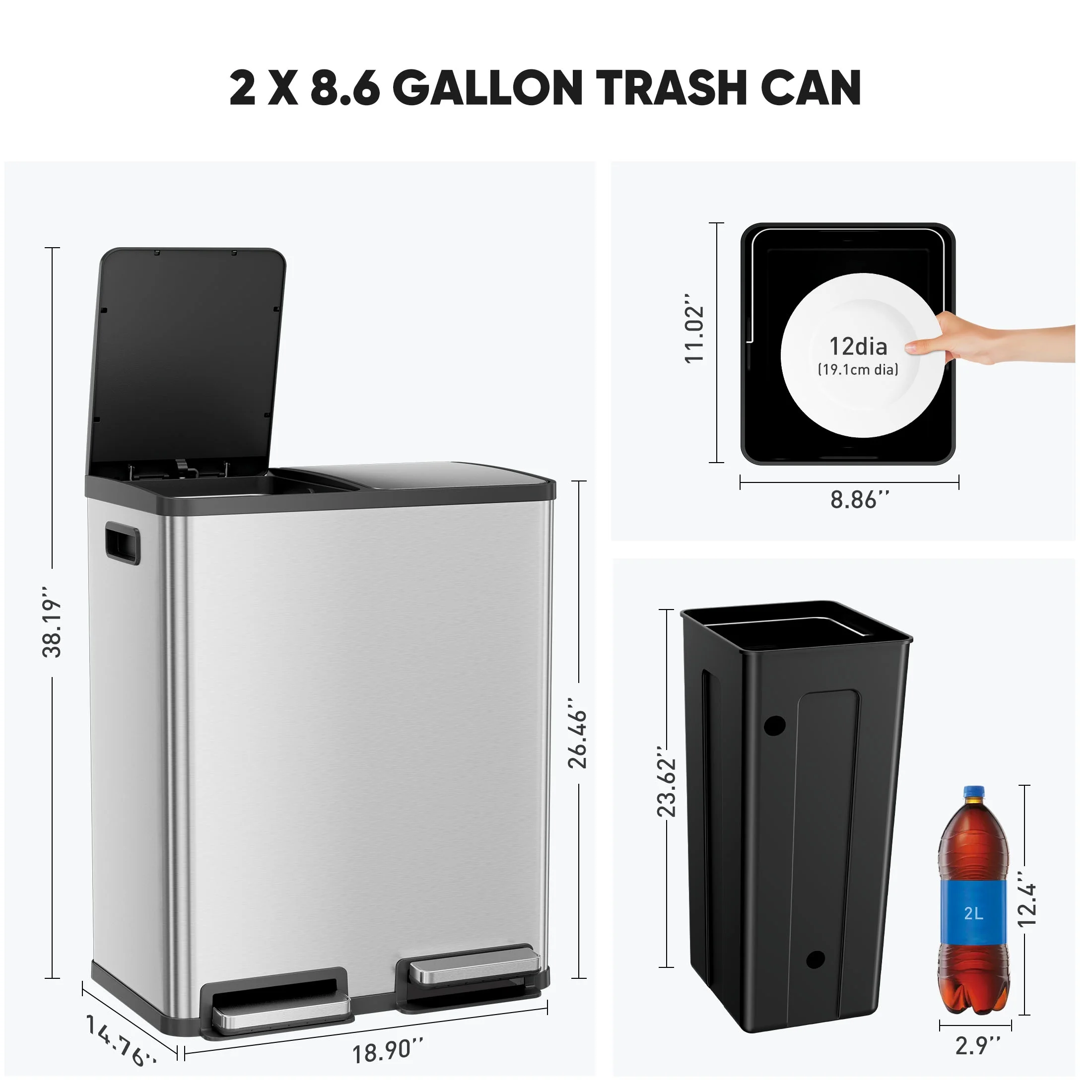 2 x 8.3 Gallon Dual Garbage Recycle Trash Can with Lid, Inner Buckets for Kitchen, Stainless Steel, Sliver(Sliver) - Image 6