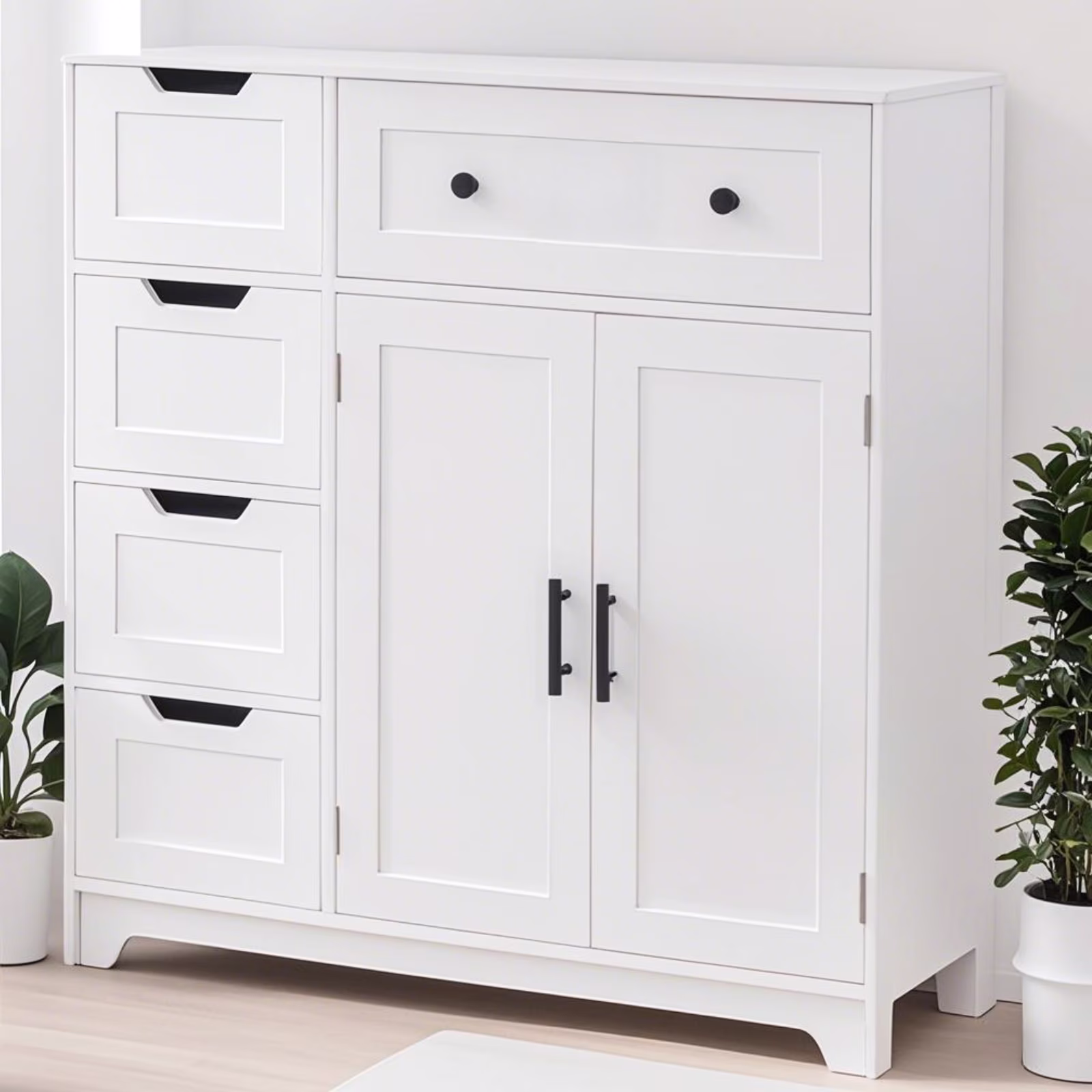 Wooden Bathroom Floor Cabinet with 4 Drawers 1 Cupboard for Living Room Entryway, White(White 4 Drawers) - Image 5