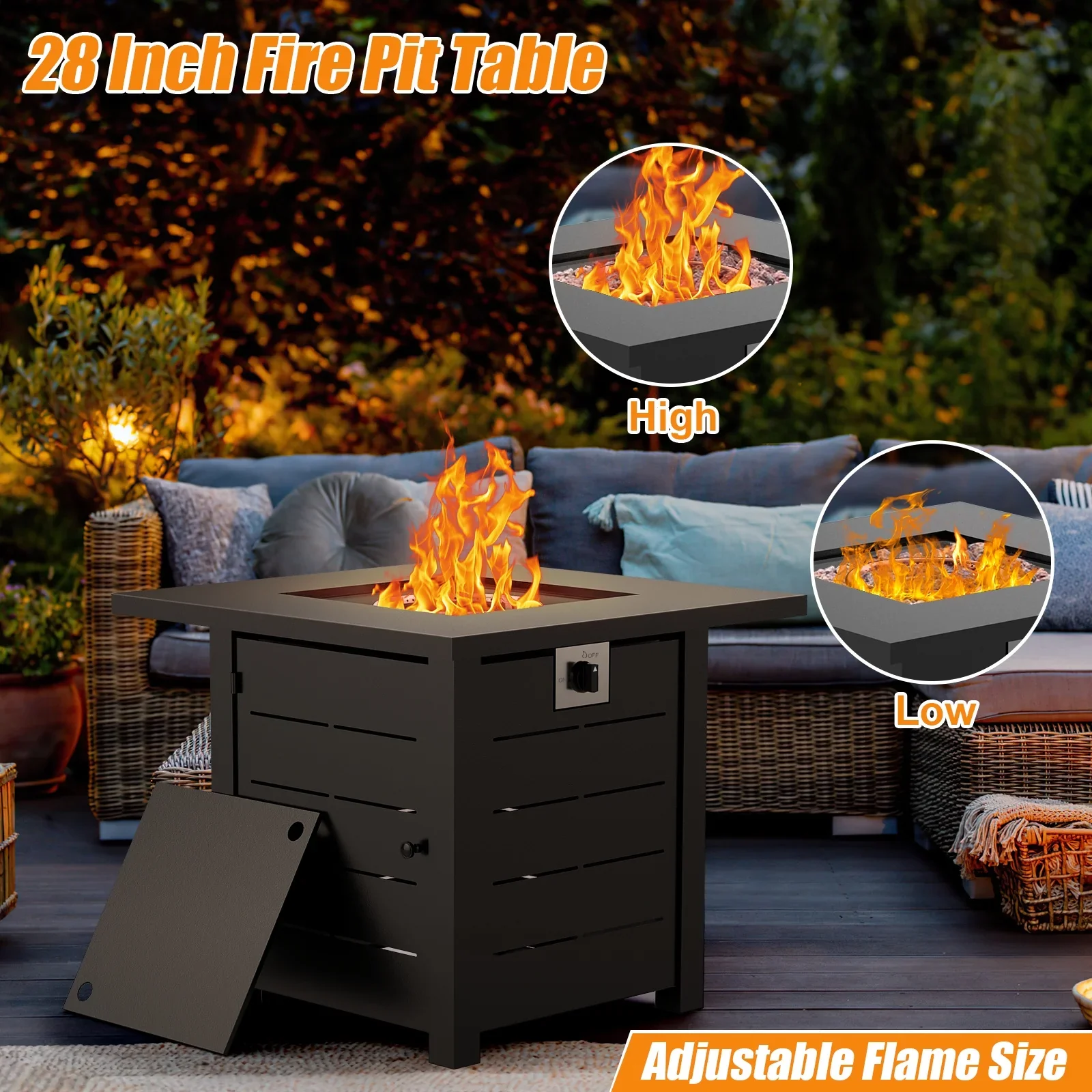 AMONSEE Propane Fire Pit for Outside, 28 GAS Firepit Table with Lid and Lava Rock for Patio Garden Party