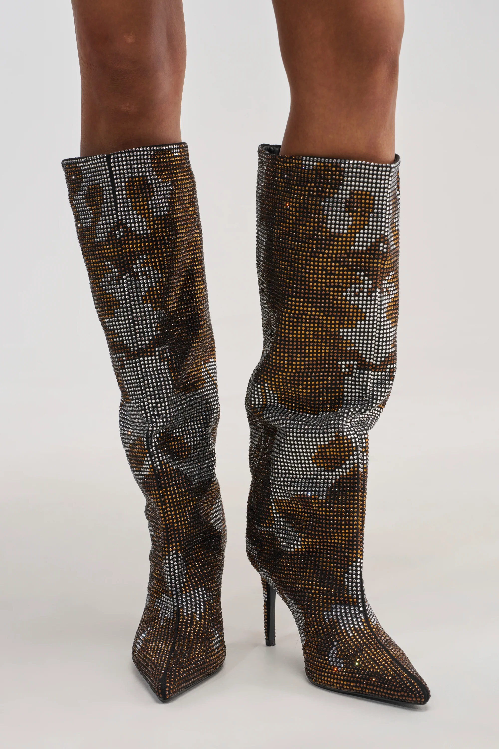 AZALEA WANG ORIEL BRONZE MULTI PRINT RHINESTONE STILETTO BOOT - Akira Store
