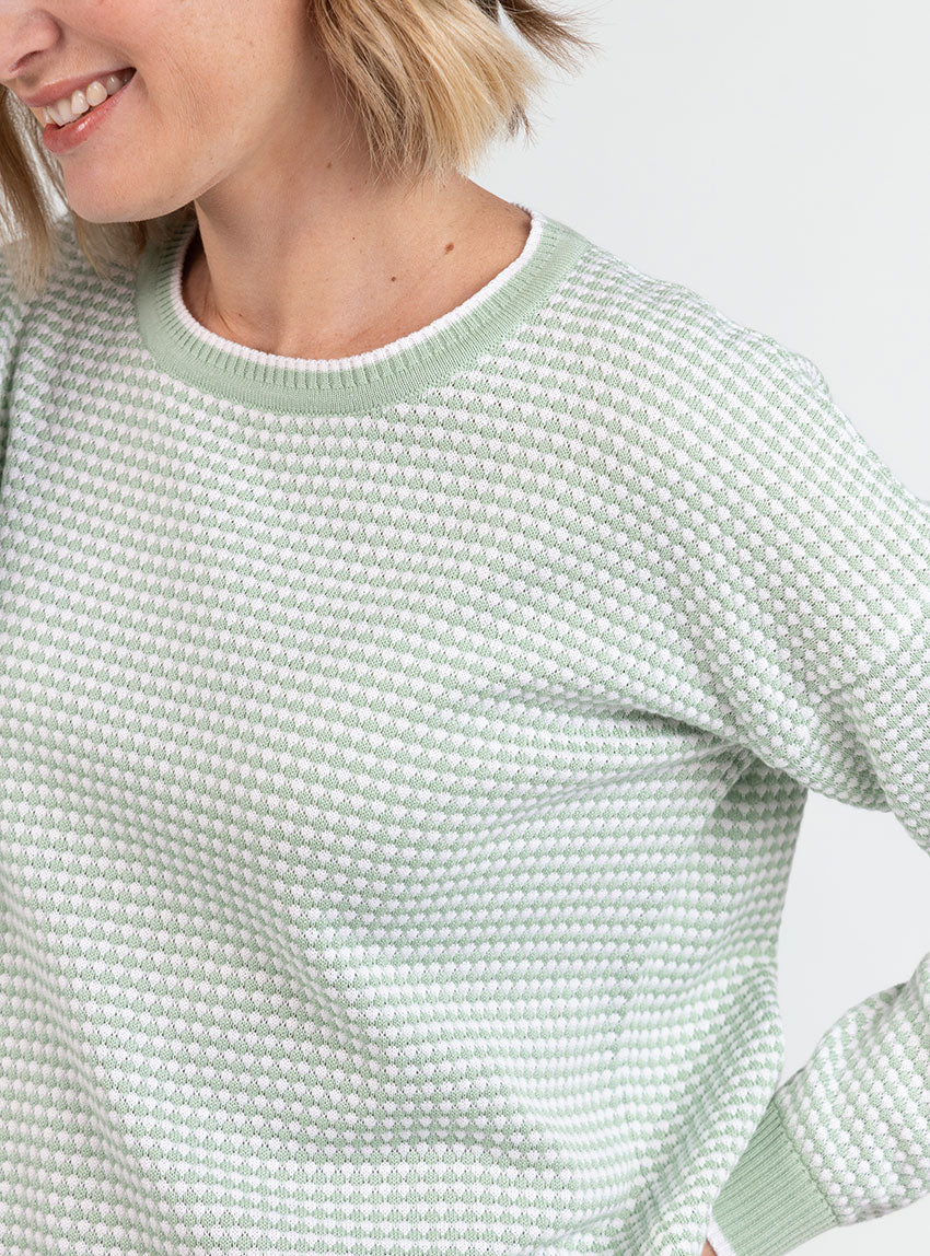 Pull femme bicolore en coton vert amande esprit vichy