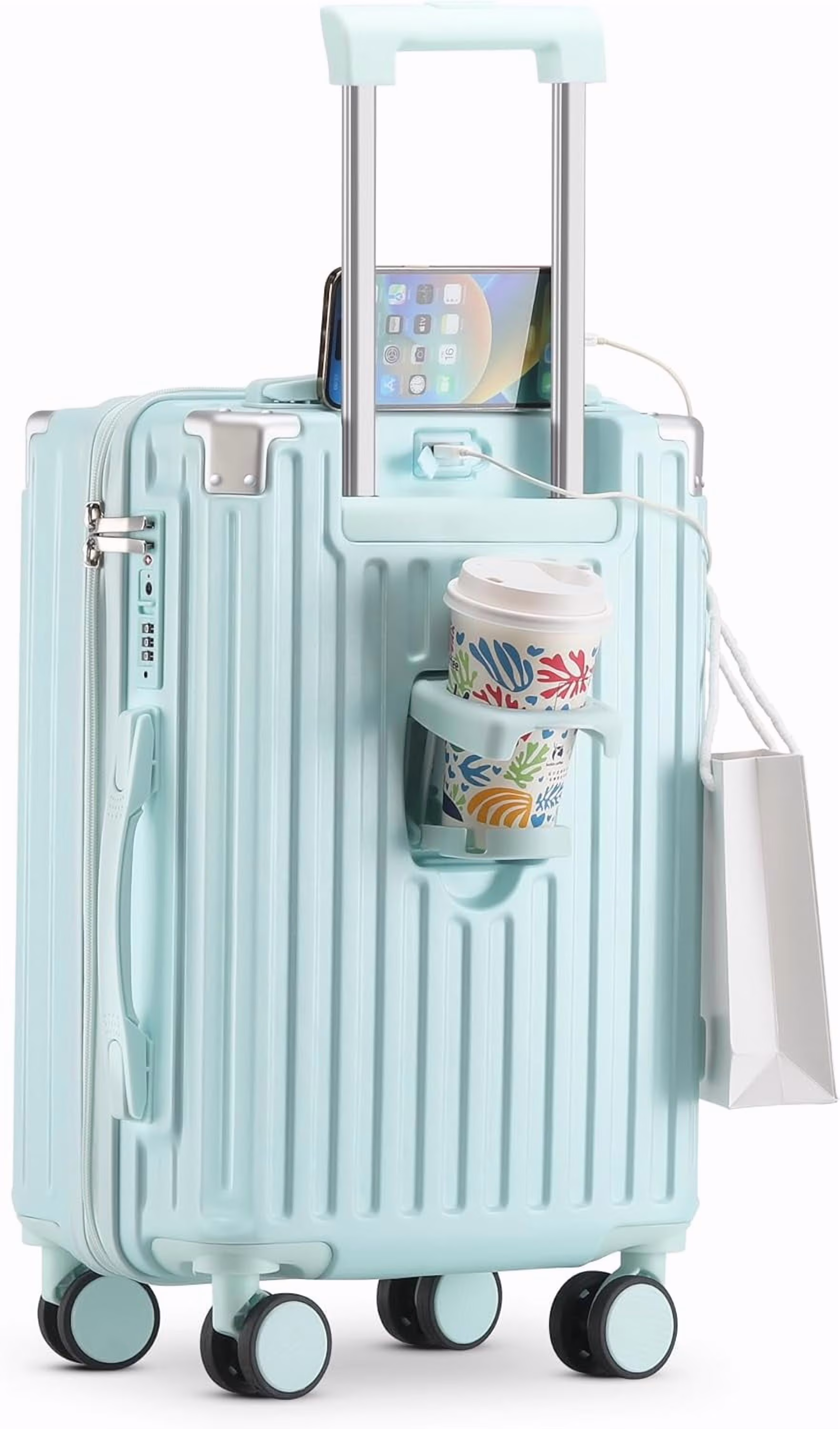 20 Inch Carry On Luggage With Cup Holder USB Port, Airline Approved TSA-locked Luggage, Lightweight PC Material Travel Suitcase With 360�� Spinner Wheel(20in-White/20in) - Image 5