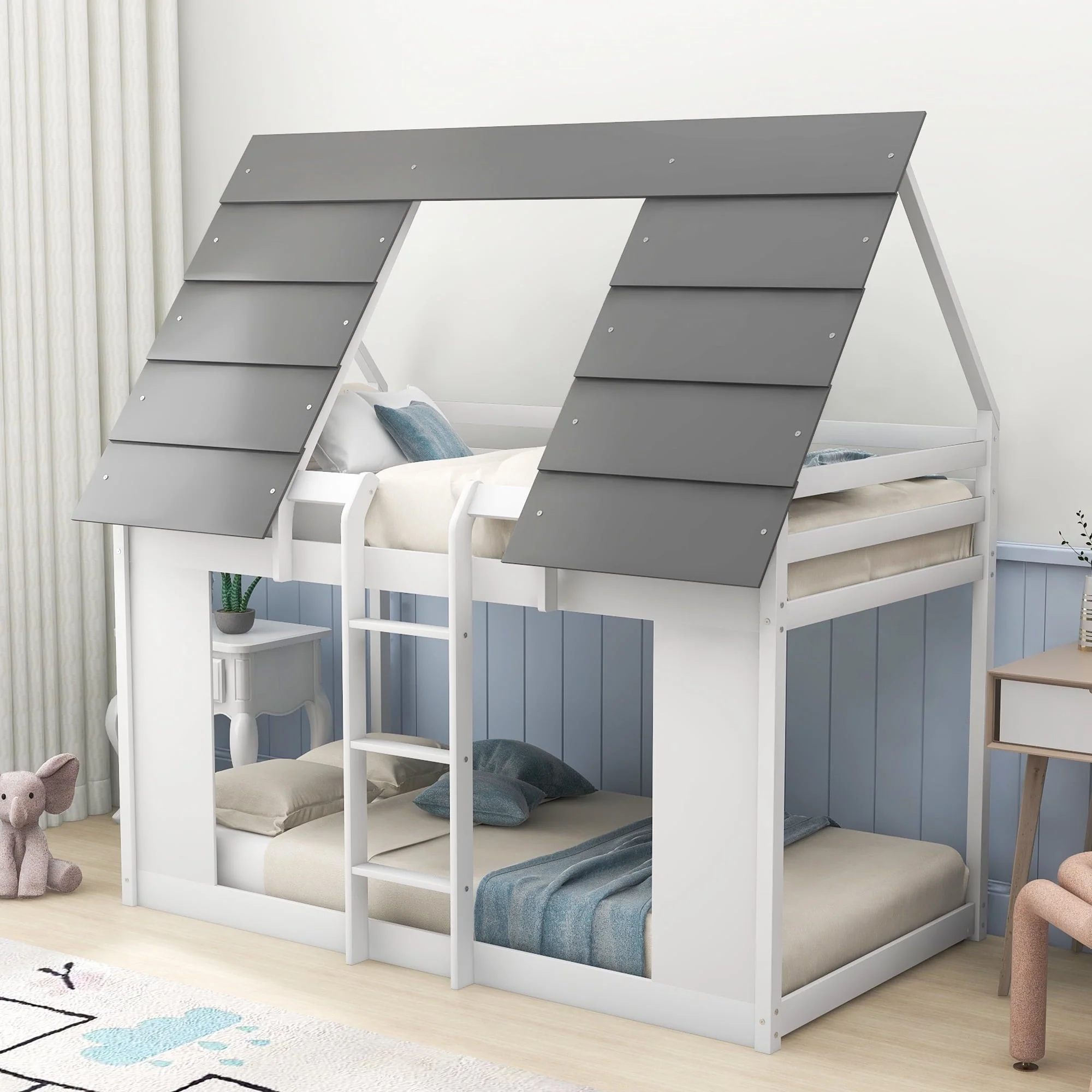 EUROCO Twin over Twin House Bunk Bed with Roof for Kids Bedroom, White