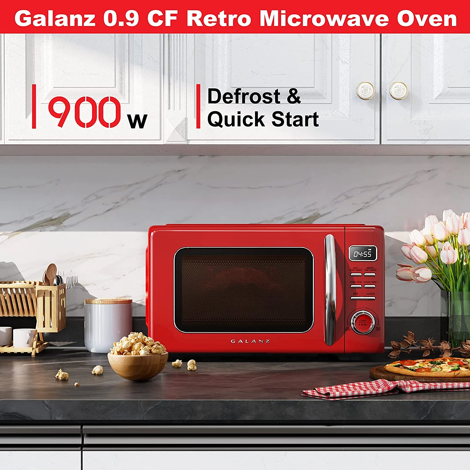 GLCMKZ09RDR09 Retro Countertop Microwave Oven with Auto Cook Reheat, Defrost, Quick Start Functions, Easy Clean with Glass Turntable, Pull Handle, 0.9 cu ft, Red - Image 2