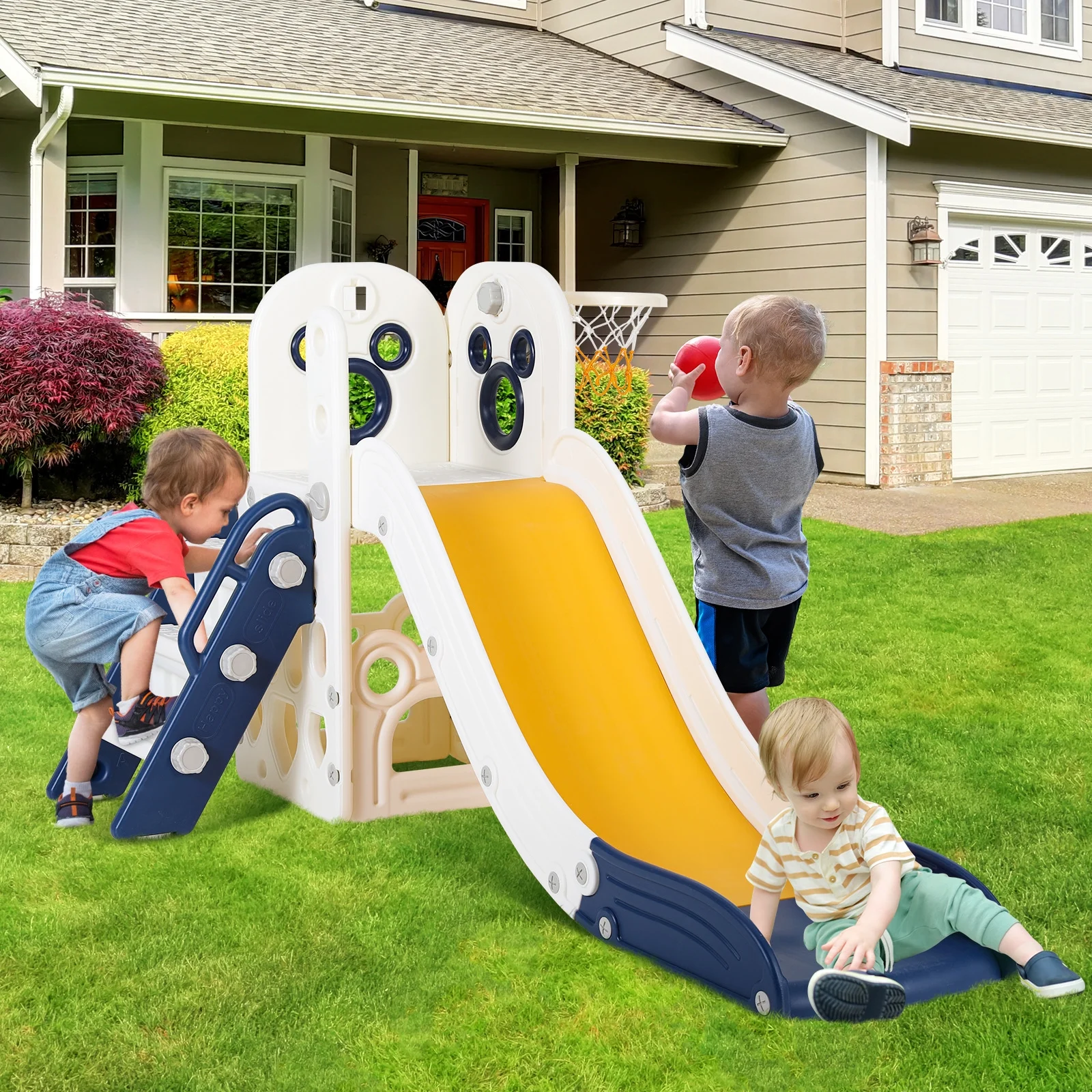 Sturdy Toddler Slide with Basketball Hoop Plastic Kids Slide Climber with Anti-Slip Steps Indoor Outdoor Children Toy Playground(Blue) - Image 10