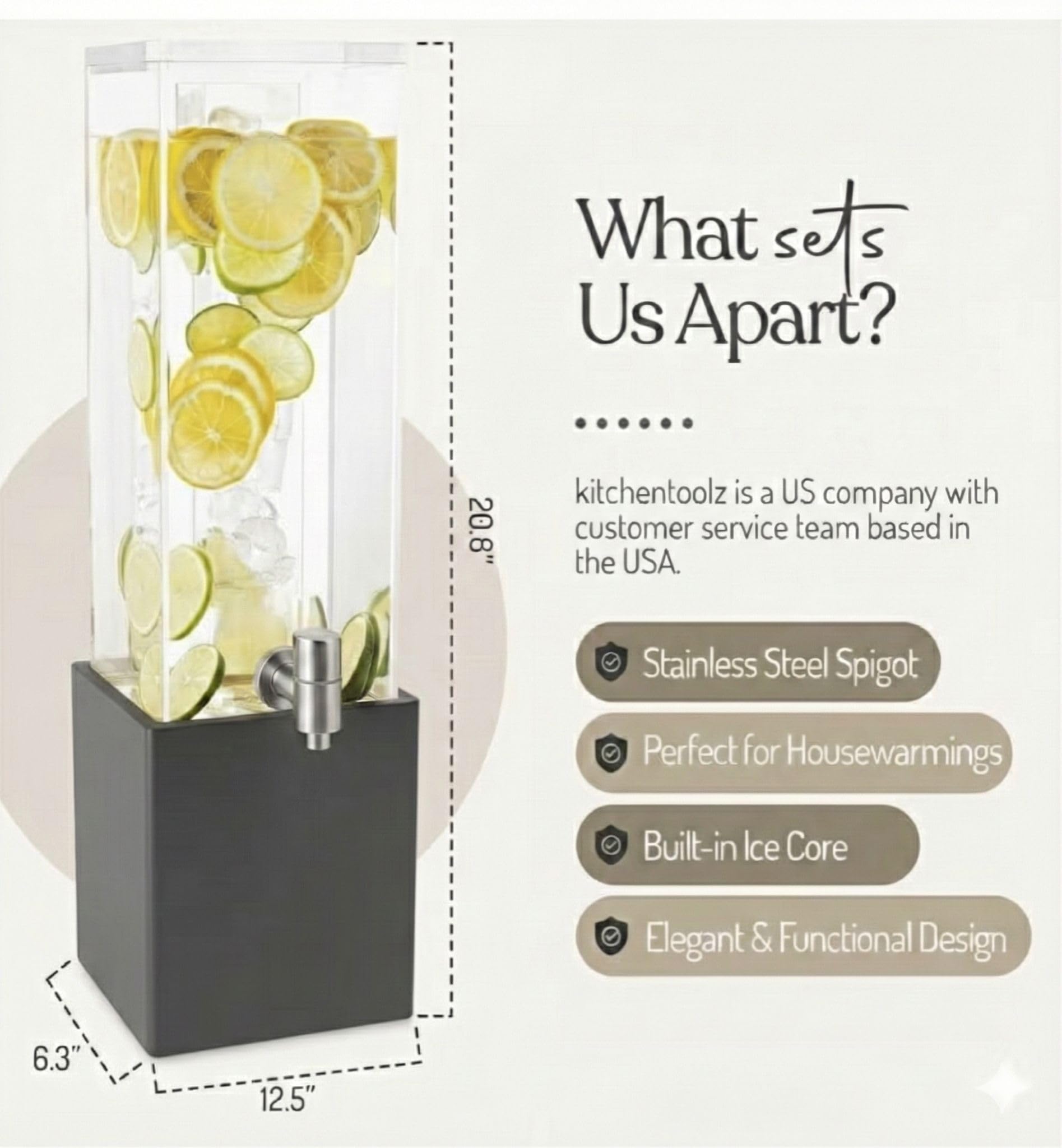1.25 Gallon Acrylic Beverage Dispenser with Gray Metal Stand – Cold Drink Server with Ice Chamber & Stainless Steel Spigot