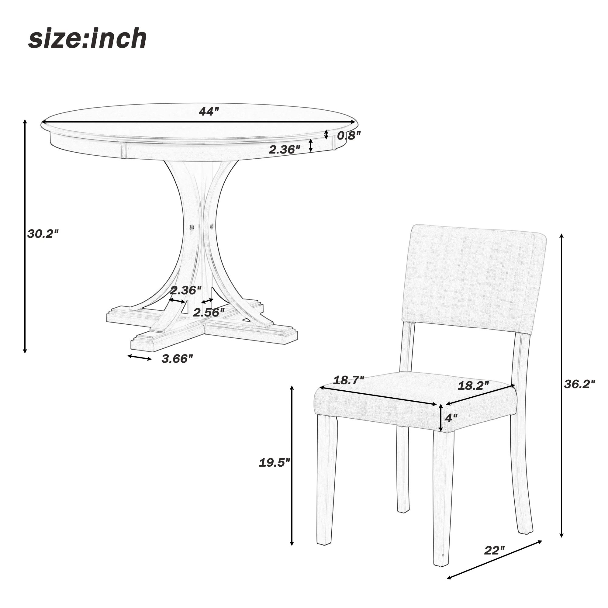 5 Piece Retro Round Dining Table Set with 4 Upholstered Chairs, Wood Dining Table with Curved Trestle Style Legs(Gray) - Image 5