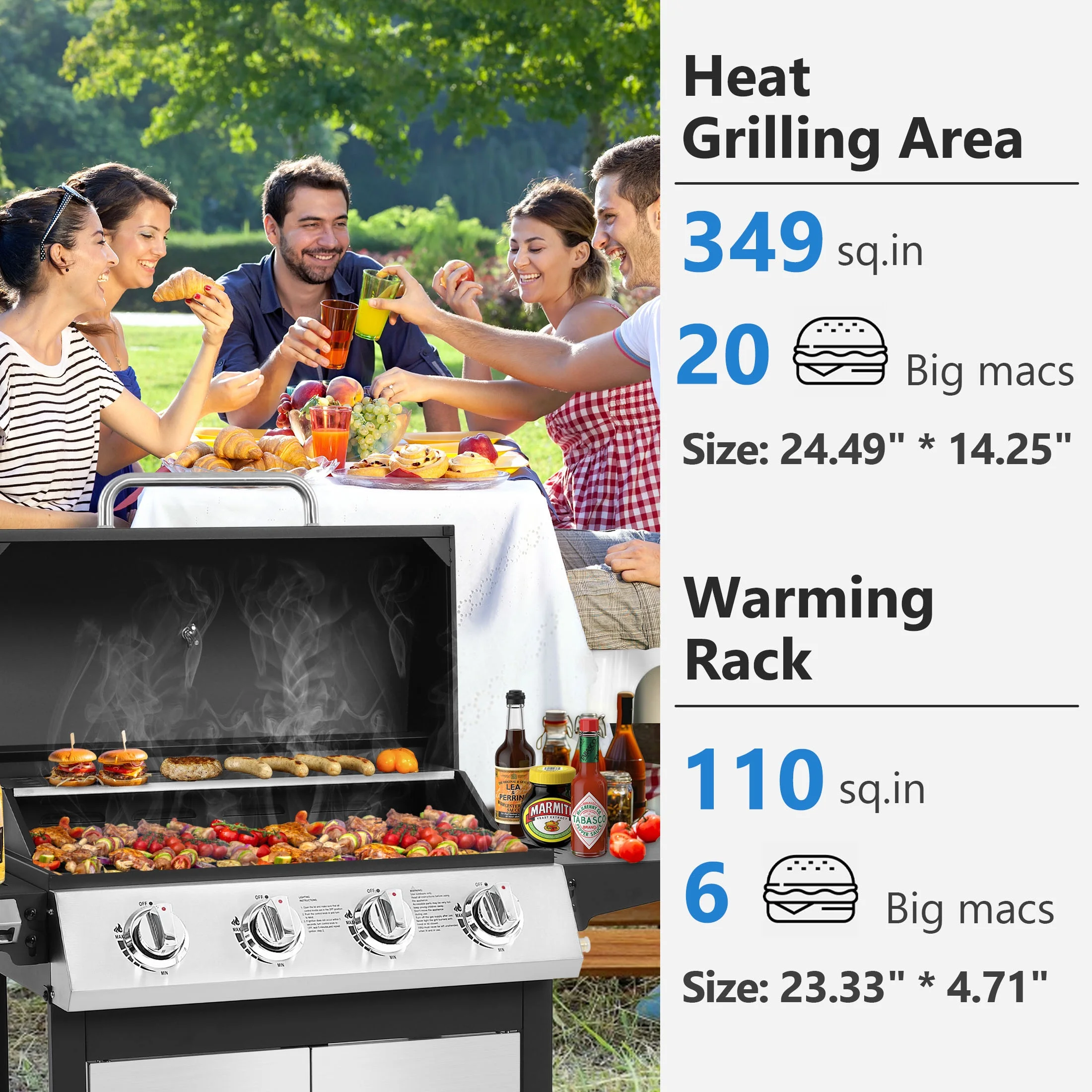 4 Burner BBQ Propane Gas Grill, Stainless Steel 40,000 BTU Patio Garden Barbecue Grill with Folding Side Tables, Cleaning Brush Thermometer, Perfect for Camping, Outdoor Cooking(4-Burner) - Image 4